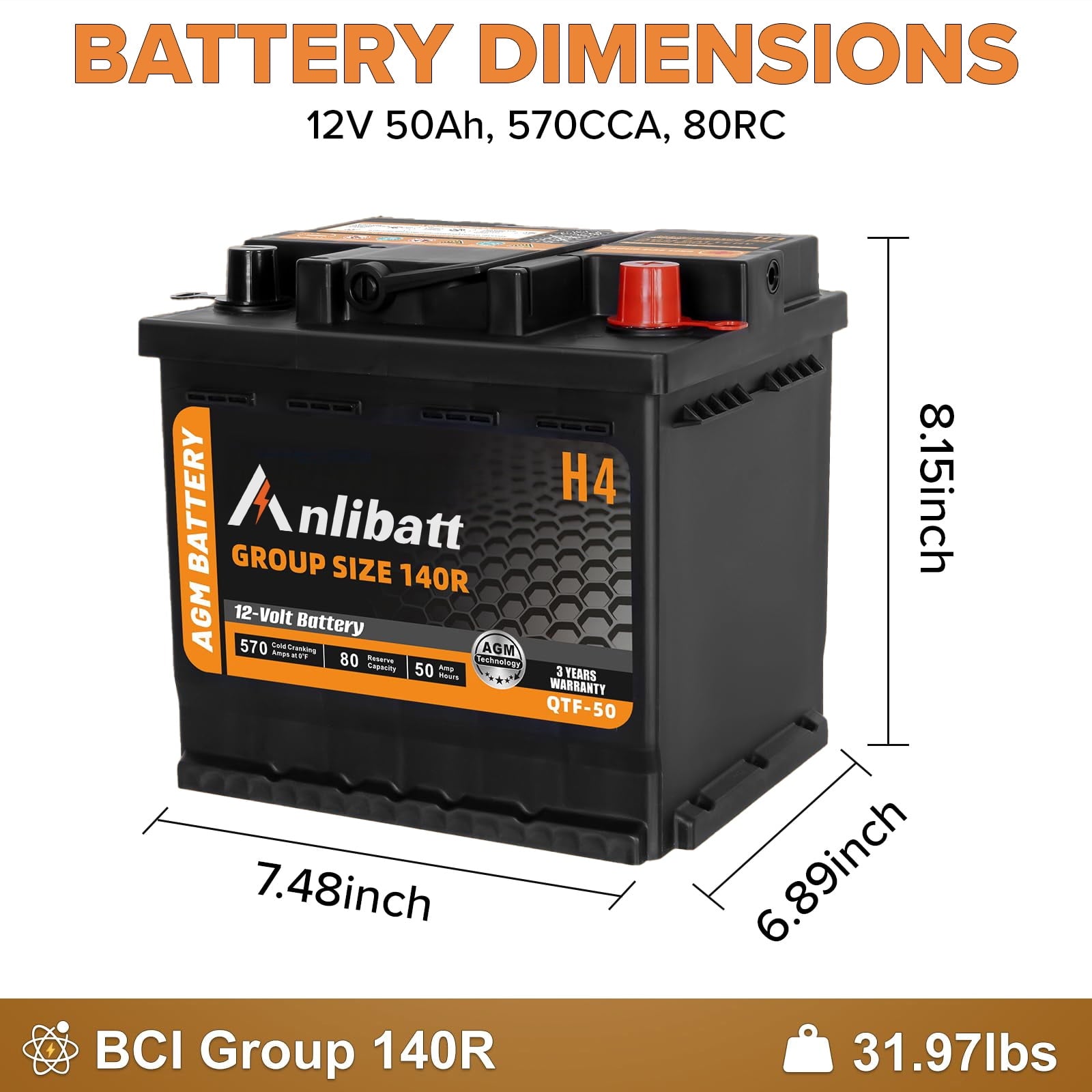 Anlibatt BCI Group 48 Battery, AGM 12 Volt Rechargeable Automotive Batteries for Car, H6 760CCA 70Ah 120RC, Maintenance Free
