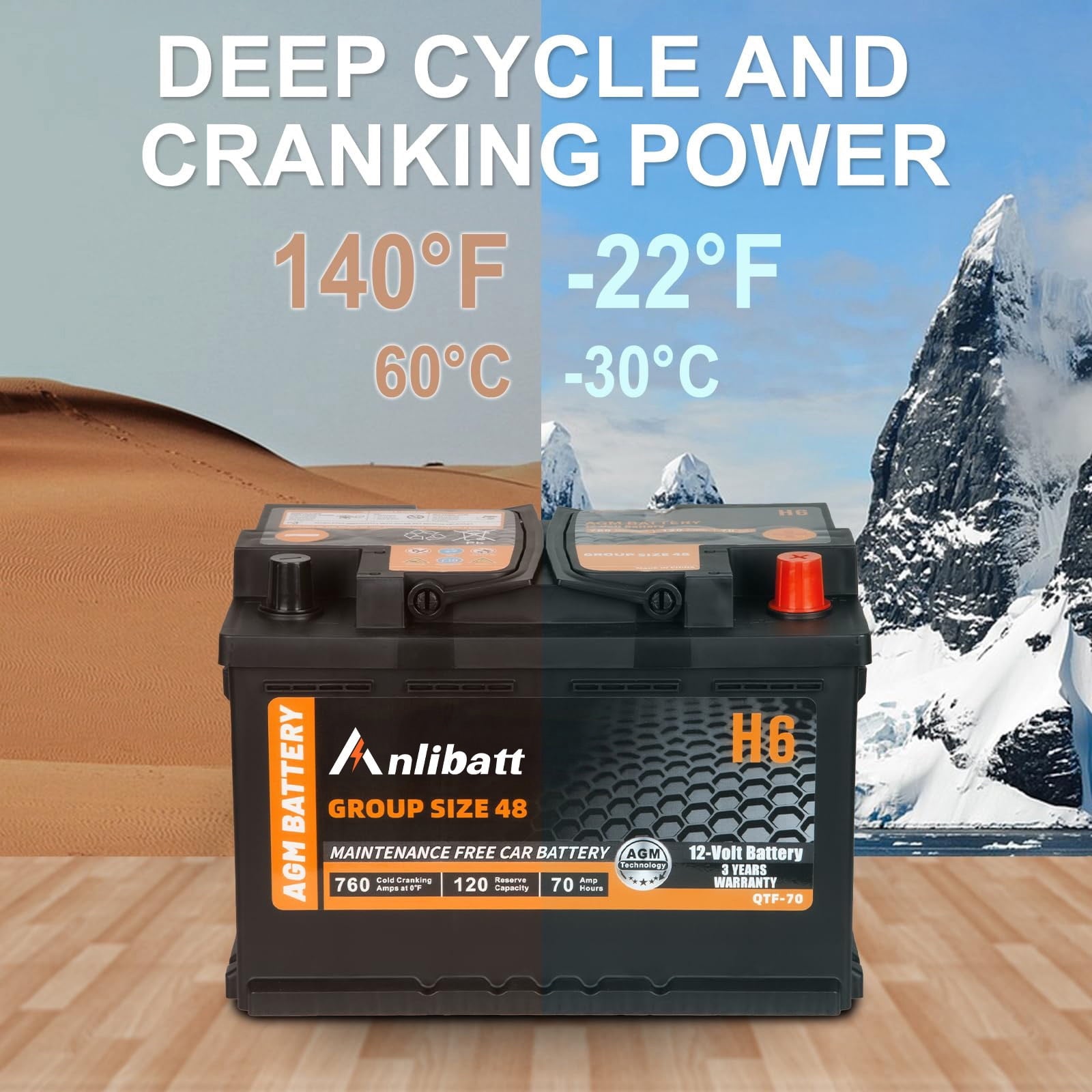 Anlibatt BCI Group 48 Battery, AGM 12 Volt Rechargeable Automotive Batteries for Car, H6 760CCA 70Ah 120RC, Maintenance Free