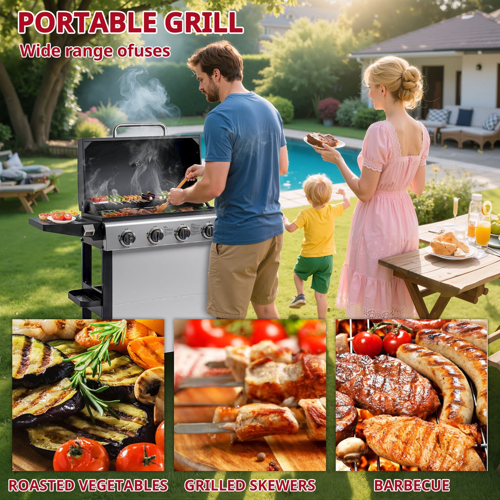 Outdoor BBQ Grill, Powerful 30,000BTU Gas Propane Grill, Stainless Steel Grill with Storage Shelves, Portable Grill for RV Party Camping Patio