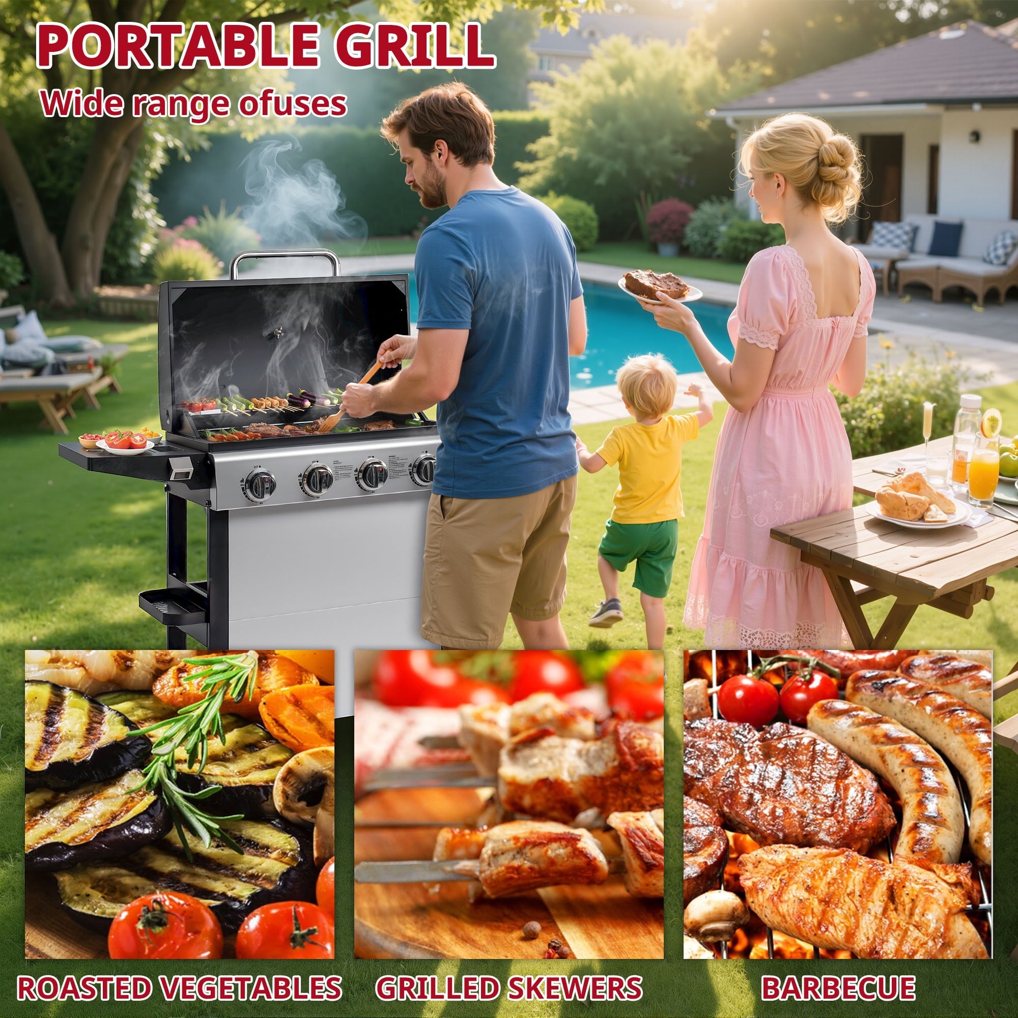 Outdoor BBQ Grill, Powerful 30,000BTU Gas Propane Grill, Stainless Steel Grill with Storage Shelves, Portable Grill for RV Party Camping Patio