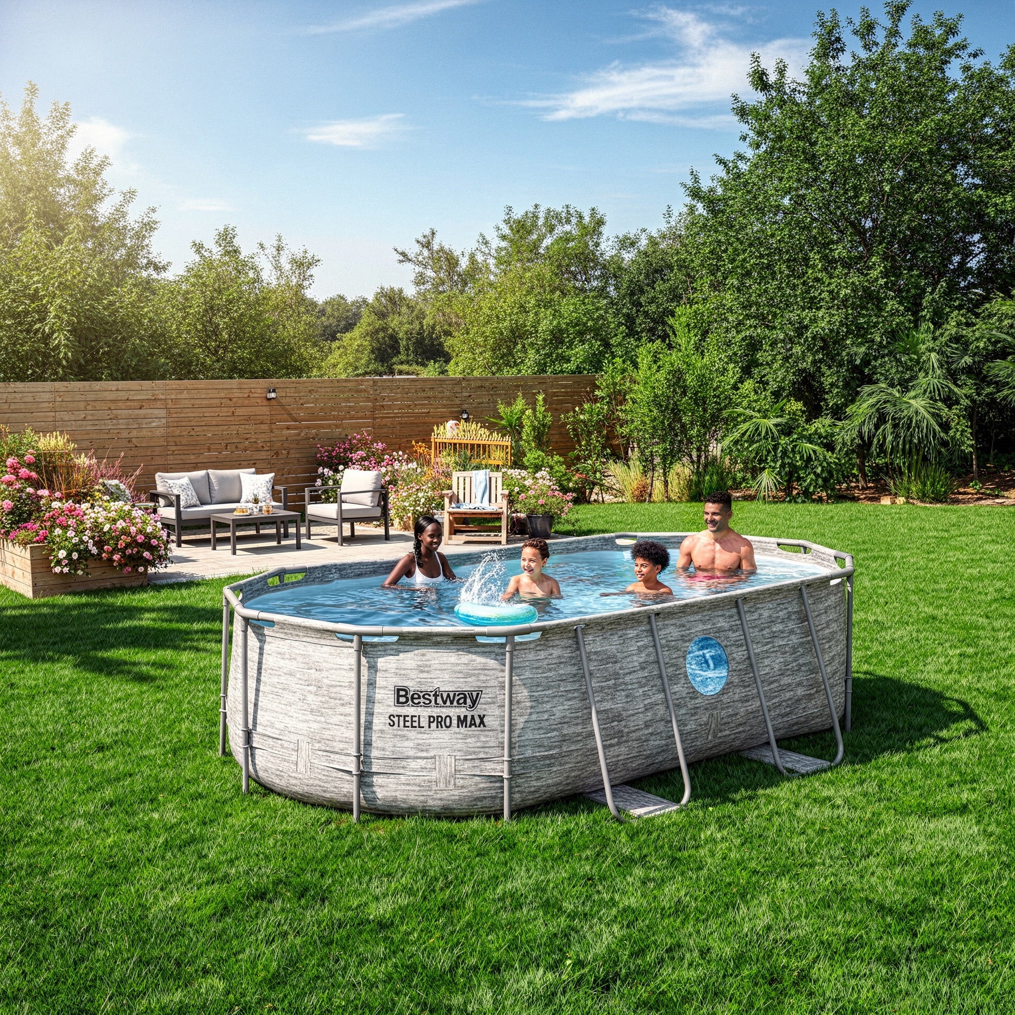 Bestway Power Steel Swim Vista 14’ x 8'2 x 39.5” Metal Frame Above Ground Pool, Stone