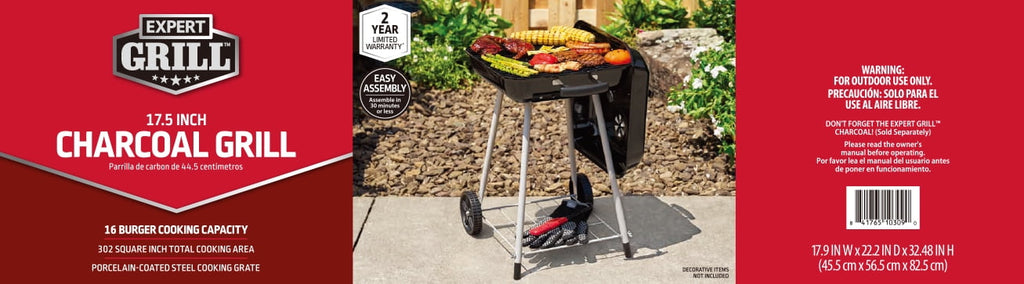 Expert Grill 17.5 Inch Charcoal Grill with Wheels and Adjustable Dampers