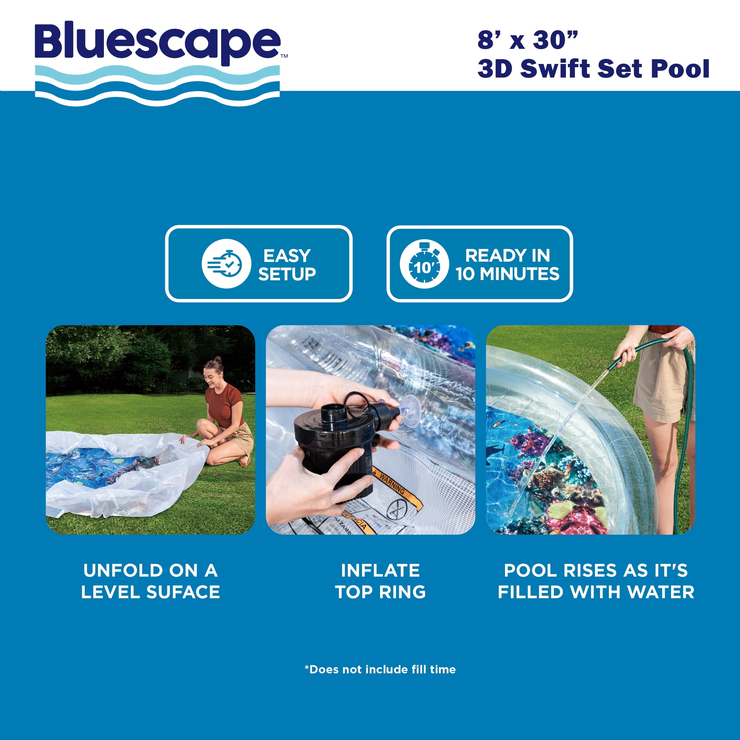 Bluescape 8 ft Transparent 3D Above Ground Pool with Goggles, Round, Ages 6+