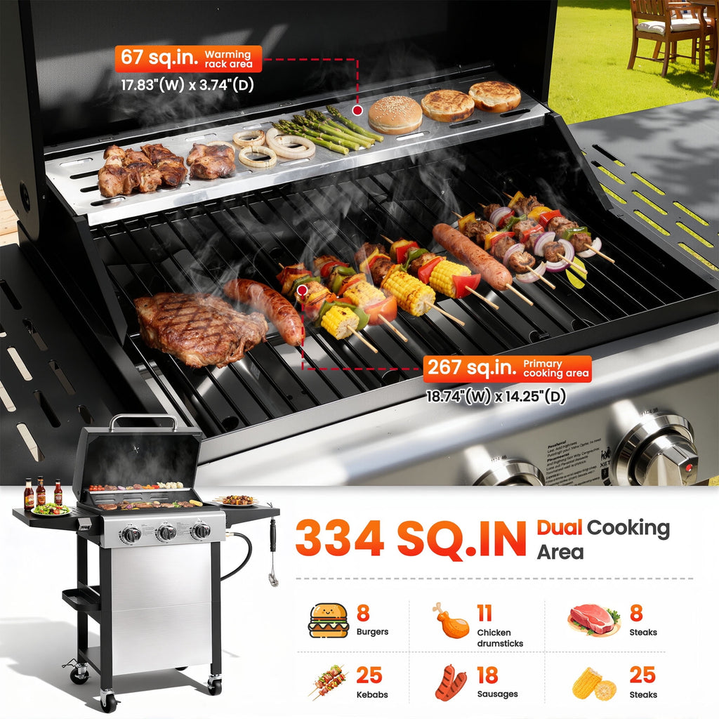 Outdoor BBQ Grill, Powerful 30,000BTU Gas Propane Grill, Stainless Steel Grill with Storage Shelves, Portable Grill for RV Party Camping Patio
