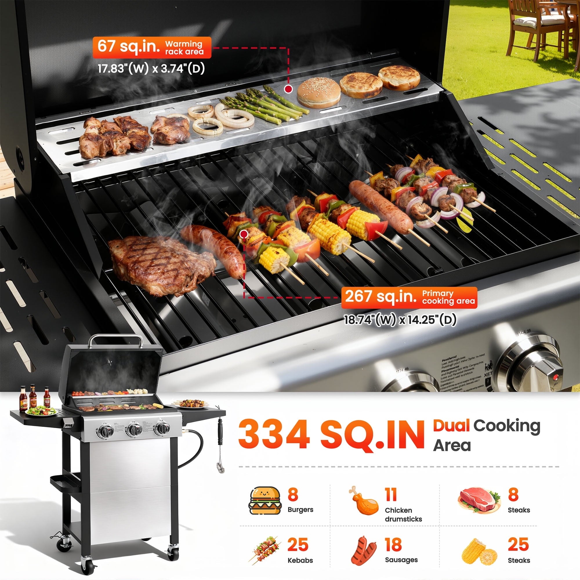 Outdoor BBQ Grill, Powerful 30,000BTU Gas Propane Grill, Stainless Steel Grill with Storage Shelves, Portable Grill for RV Party Camping Patio