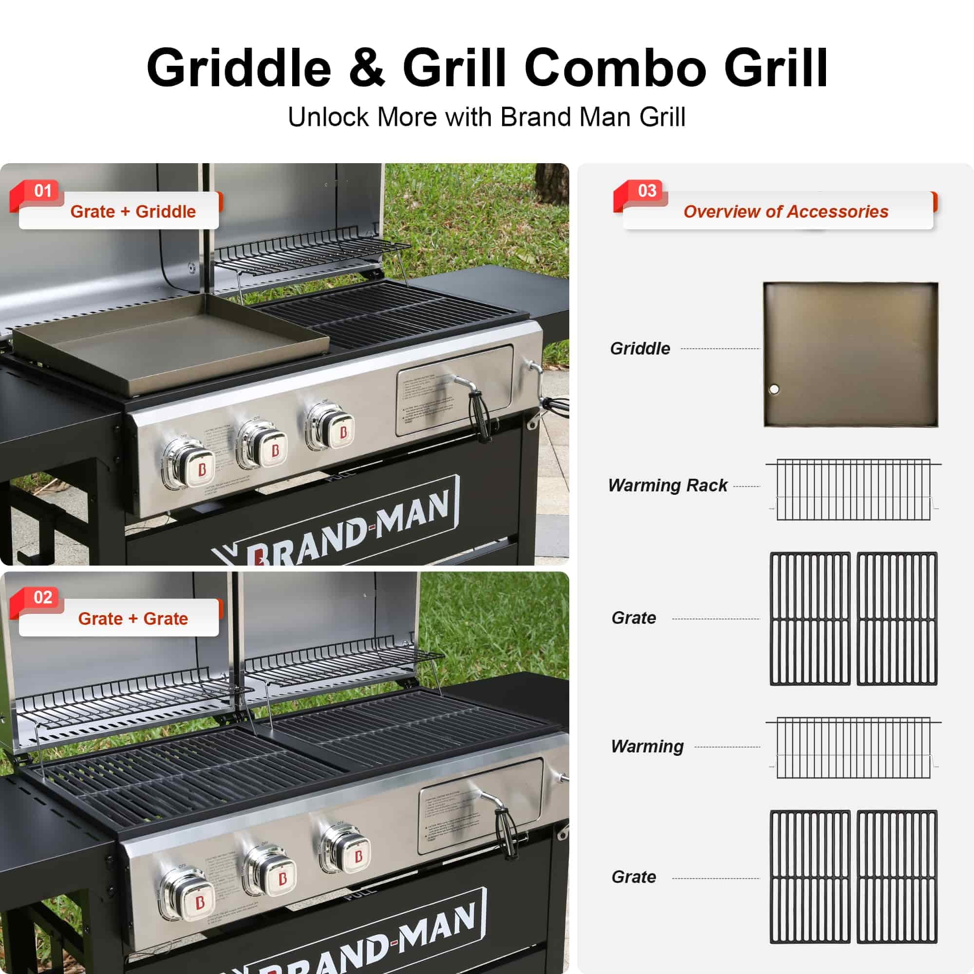 Brand Man Propane Gas & Charcoal Grill Combo with Griddle Dual Fuel BBQ Grill for Outdoor Barbecue, Black