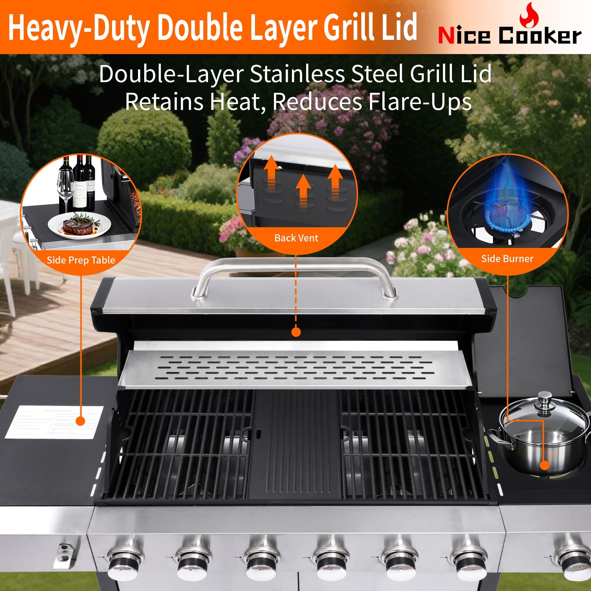 Nice Cooker 6-Burner Propane Gas BBQ Grill with Side Burner - 65850 BTU Total Output Stainless Steel Grills with Enameled Cast Iron Grill for Outdoor Backyard Barbecue, 620 SQ. IN. Cooking Area