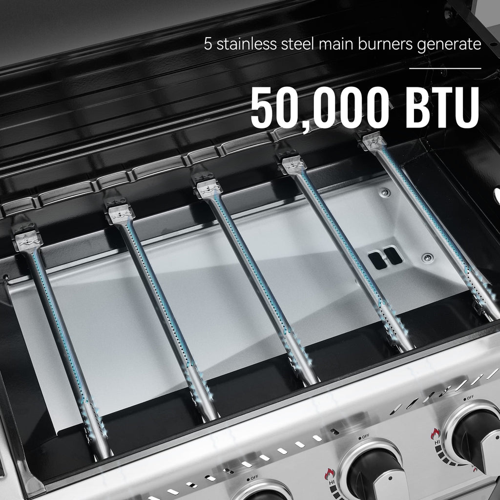 Royal Gourmet GA5401T 5-Burner BBQ Liquid Propane Gas Grill with Side Burner, Stainless Steel 60,000 BTU Barbecue Grill for Patio Garden Picnic Backyard Party, Silver