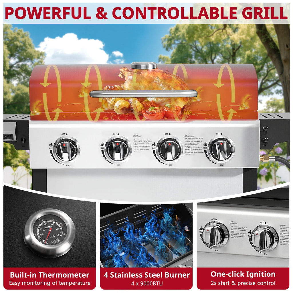 Outdoor BBQ Grill, Powerful 30,000BTU Gas Propane Grill, Stainless Steel Grill with Storage Shelves, Portable Grill for RV Party Camping Patio