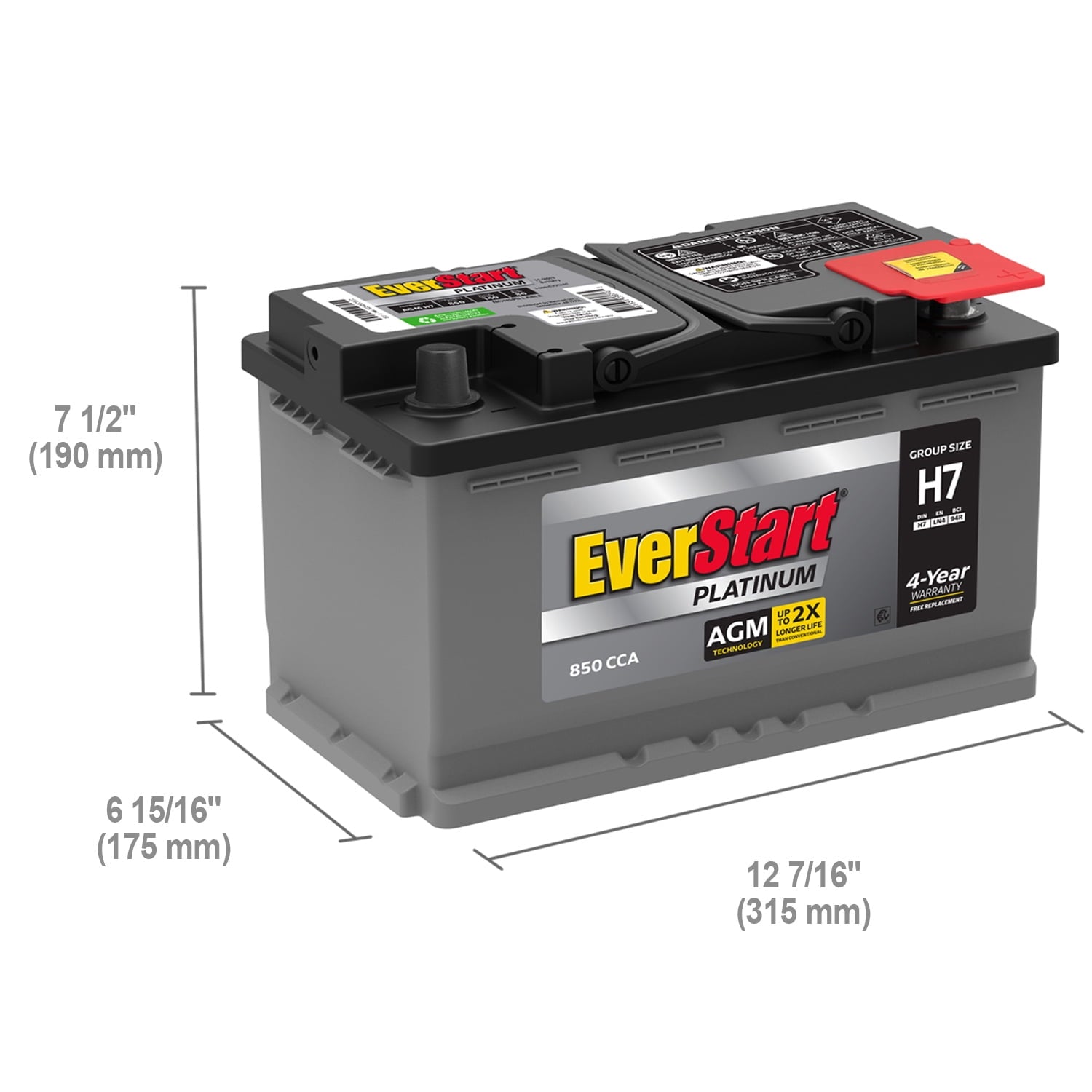 EverStart Platinum AGM Automotive Battery, Group Size H7 / LN4 / 94R 12 Volt, minimum 800 CCA
