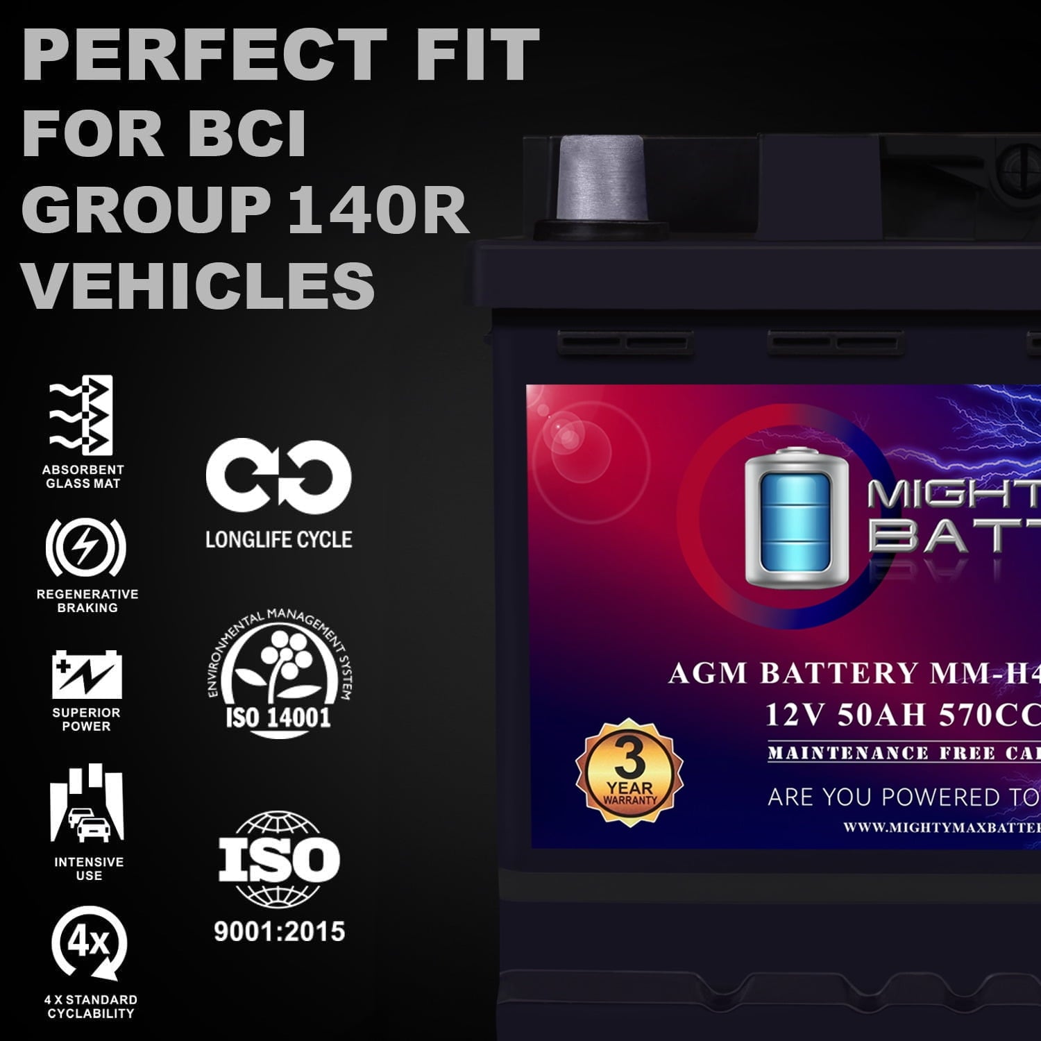 MM-H5 Start and Stop Car BCI Group Size 47 12V 60 AH, 100RC, 680 CCA Rechargeable AGM Car Battery