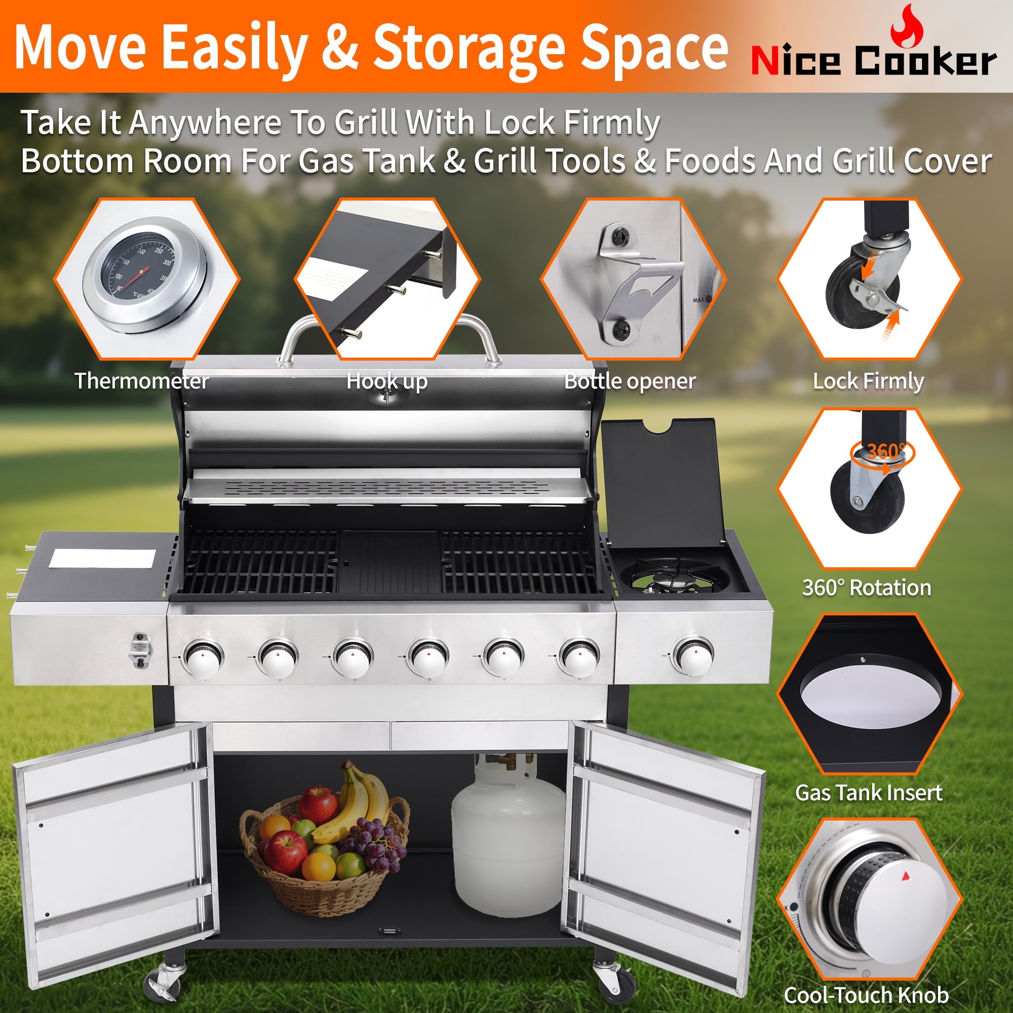Nice Cooker 6-Burner Propane Gas BBQ Grill with Side Burner - 65850 BTU Total Output Stainless Steel Grills with Enameled Cast Iron Grill for Outdoor Backyard Barbecue, 620 SQ. IN. Cooking Area