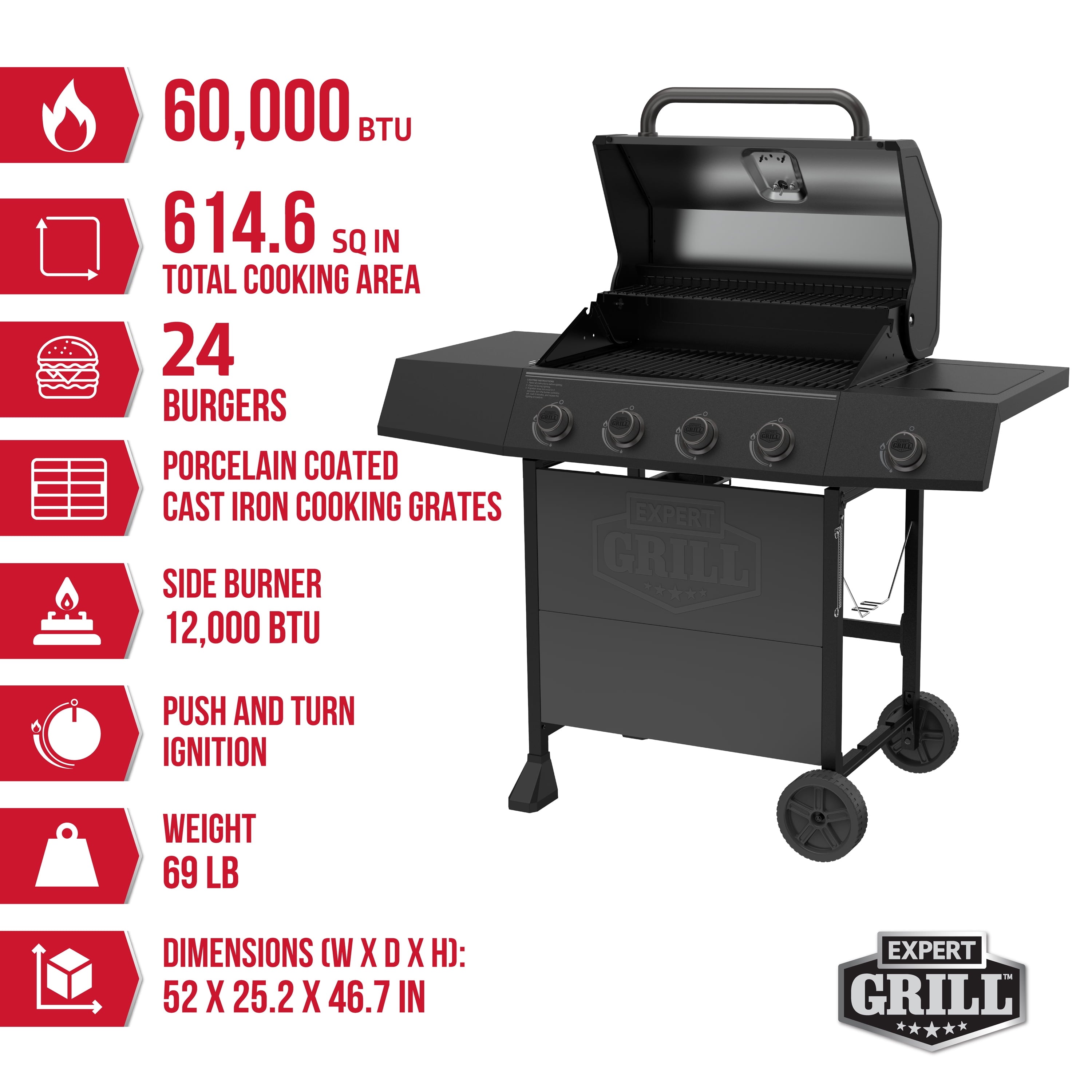 Expert Grill, 4-Burner Propane Gas Grill with Side Table and Wheels, Stainless Steel