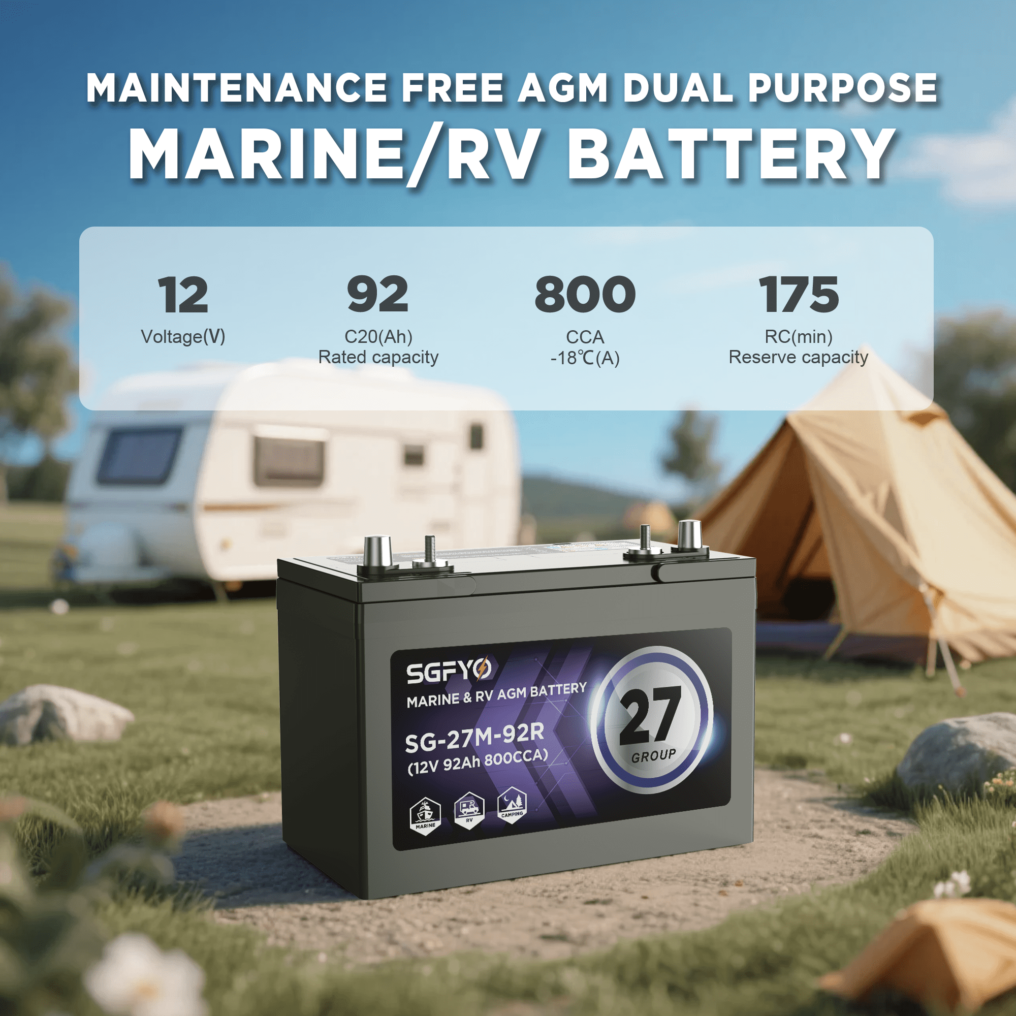 SGFYO Group Size 27M Dual Purpose Marine Battery,12V 92Ah 800CCA 175RC AGM Starter and Deep Cycle RV & Boat Batteries