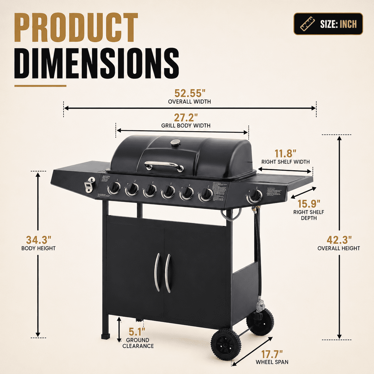 6-Burner Propane Gas Grill with Side Burner, 59000 BTU Outdoor BBQ Grill with Porcelain-Enameled Grates, Warming Rack, Side Tables, Bottle Opener, Thermometer and Wheels for Patio Backyard Cooking