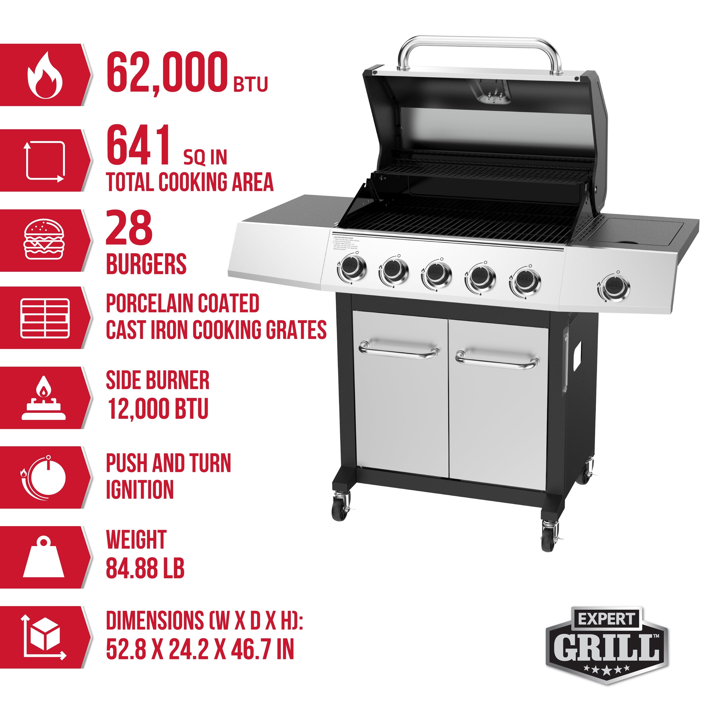 Expert Grill 5-Burner Propane Gas Grill with Side Burner, and Side Table, Stainless Steel