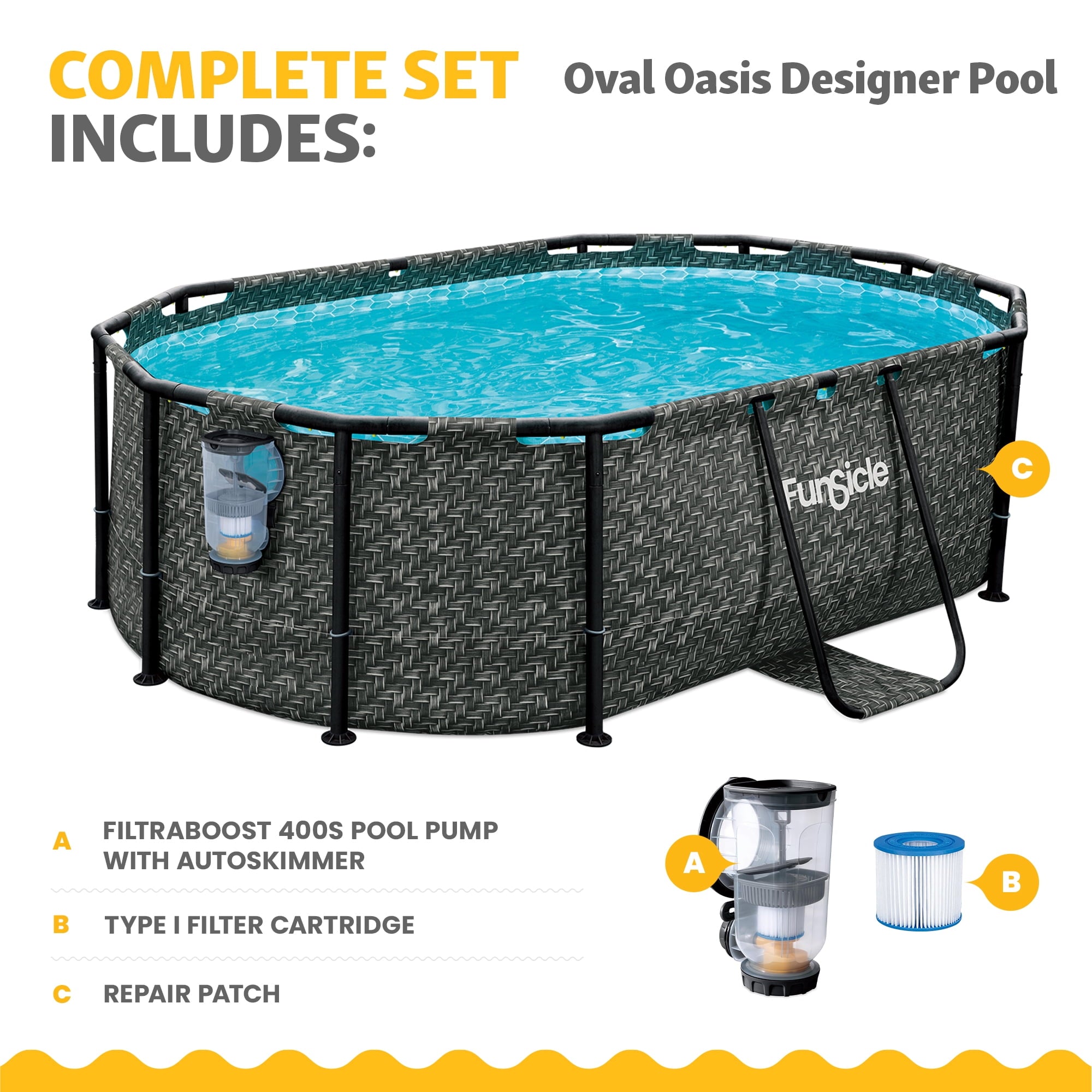 Funsicle 13'11 Oasis Designer Above Ground Pool with Pump, Oval Frame, Dark Herringbone