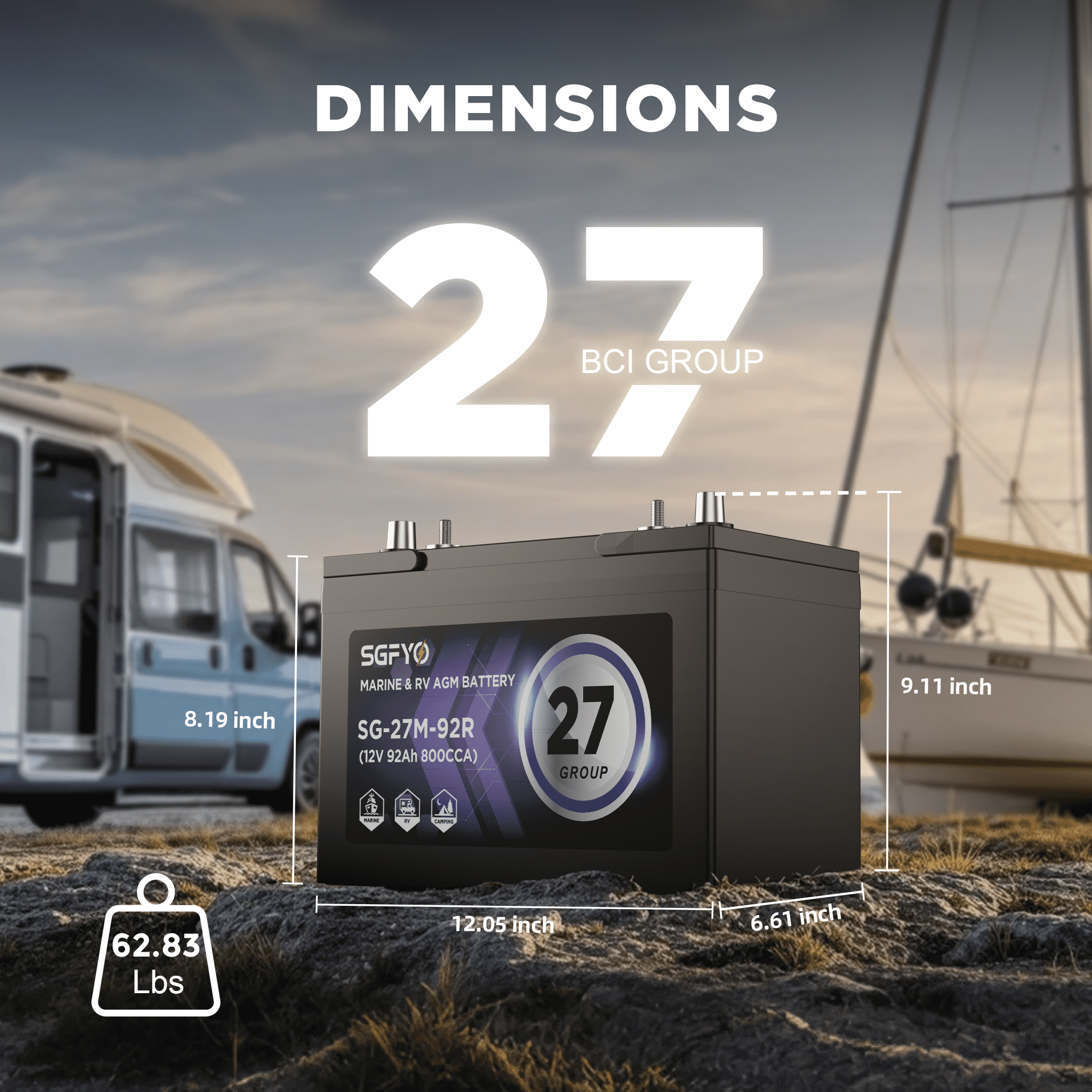 SGFYO Group Size 27M Dual Purpose Marine Battery,12V 92Ah 800CCA 175RC AGM Starter and Deep Cycle RV & Boat Batteries