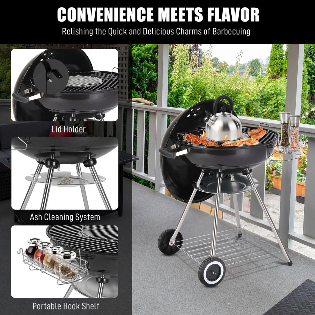 28-Inch Portable Charcoal Grill with Wheels and Storage Holder, Porcelain-Enameled Lid and Ash Catcher & Thermometer, Round Barbecue Kettle Grill Bowl Wheels for Outdoor Party Camping Picnic
