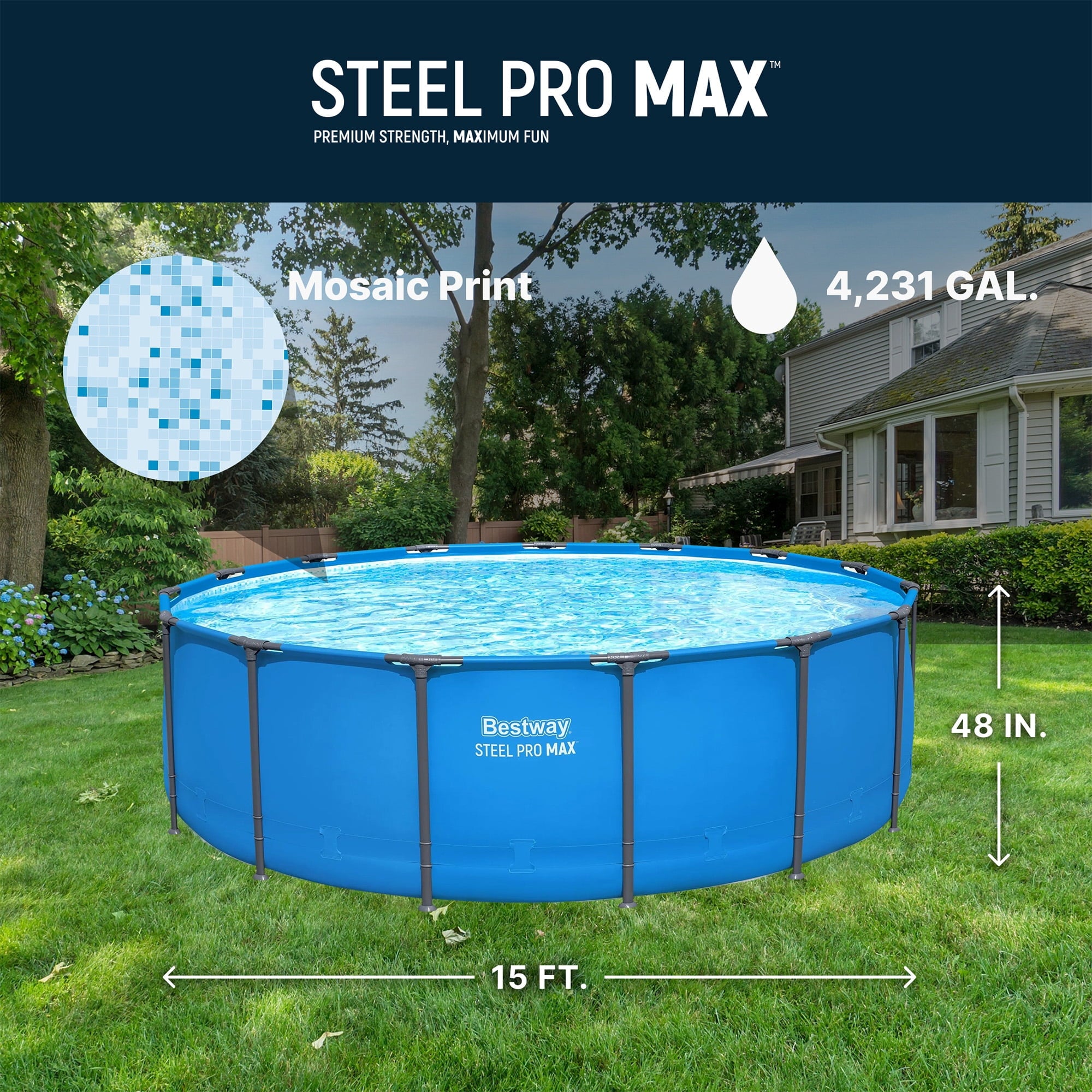 Bestway Steel Pro MAX 15’ x 48 Metal Frame Above Ground Pool, Blue, POOL ONLY