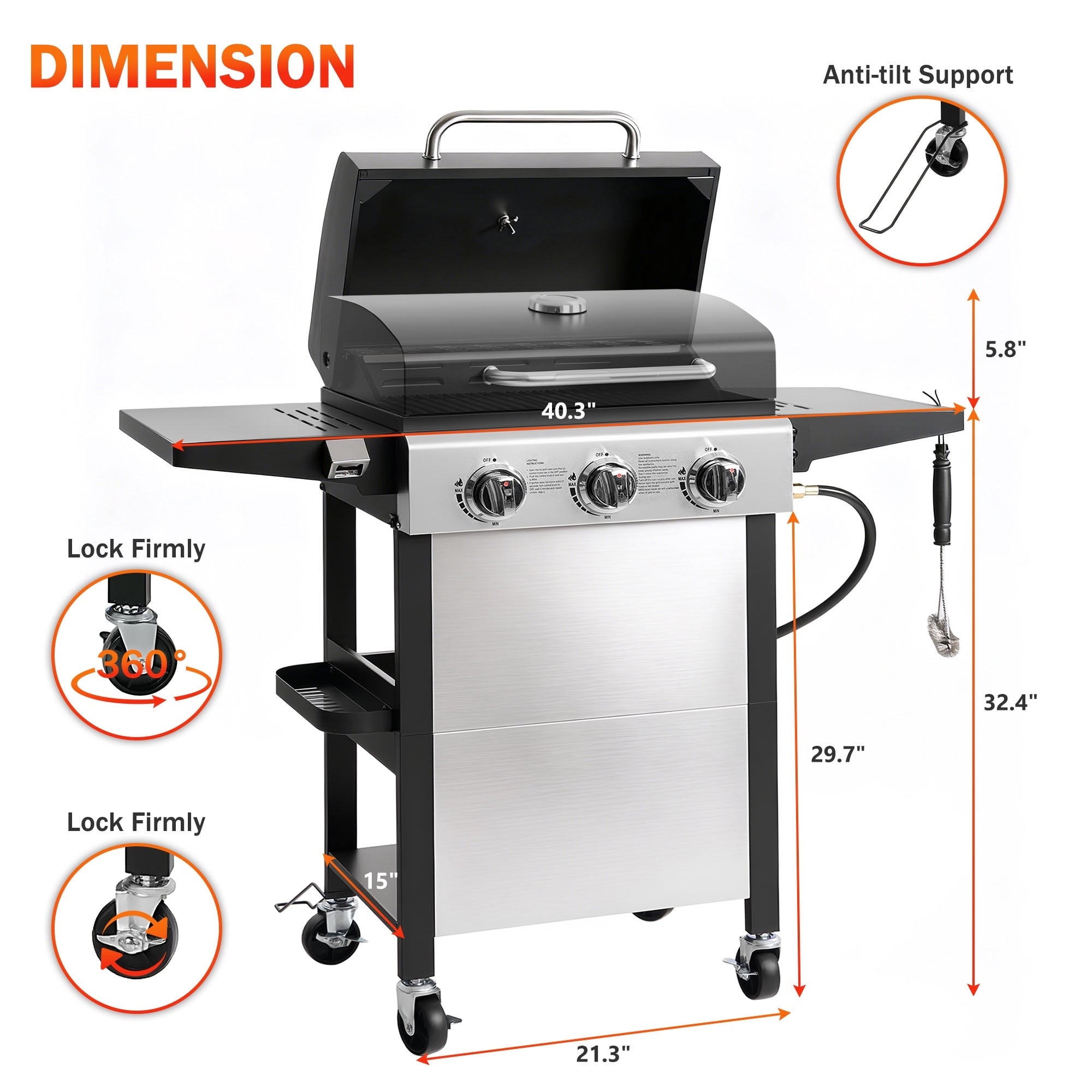 Outdoor BBQ Grill, Powerful 30,000BTU Gas Propane Grill, Stainless Steel Grill with Storage Shelves, Portable Grill for RV Party Camping Patio
