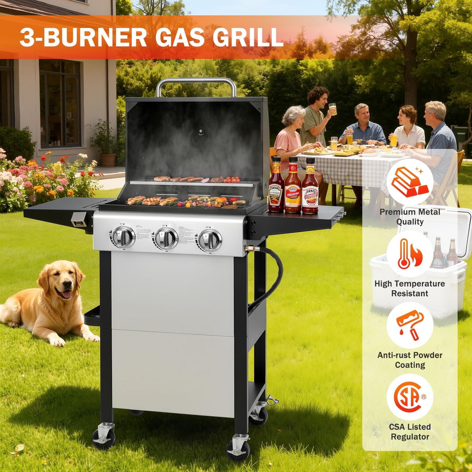 Outdoor BBQ Grill, Powerful 30,000BTU Gas Propane Grill, Stainless Steel Grill with Storage Shelves, Portable Grill for RV Party Camping Patio