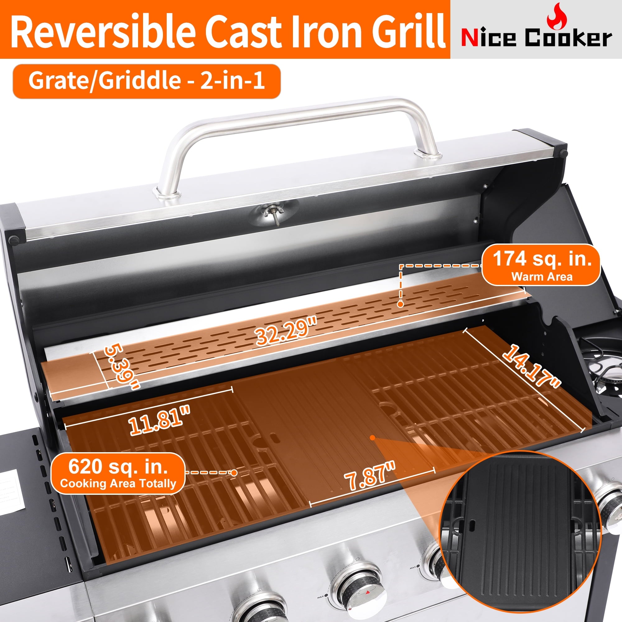 Nice Cooker 6-Burner Propane Gas BBQ Grill with Side Burner - 65850 BTU Total Output Stainless Steel Grills with Enameled Cast Iron Grill for Outdoor Backyard Barbecue, 620 SQ. IN. Cooking Area