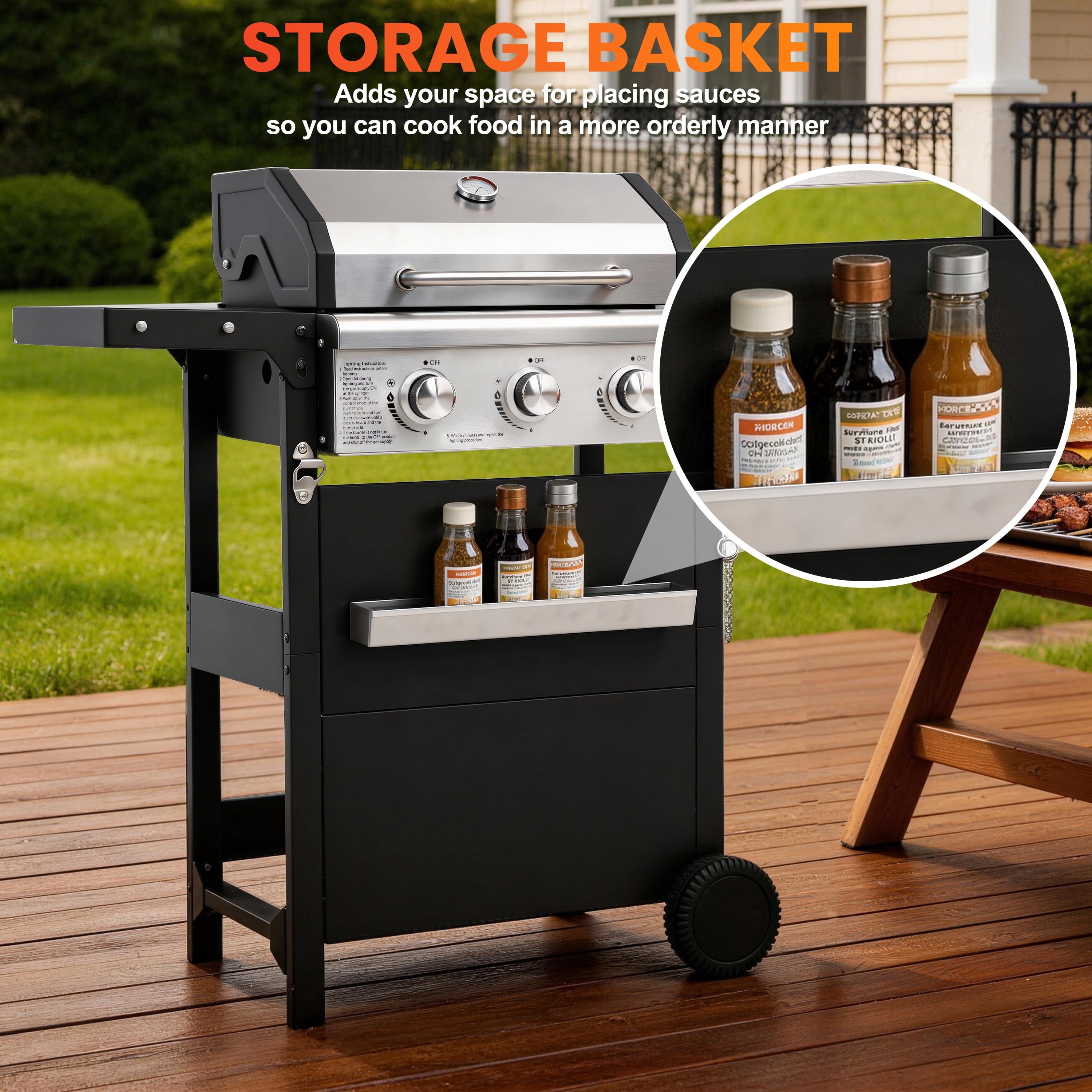 Segmart 3 Burner BBQ Propane Gas Grill, Stainless Steel 27,000 BTU Patio Garden Barbecue Grill with Side Tables, Hanging Basket & Thermometer, Perfect for Camping, Outdoor Cooking