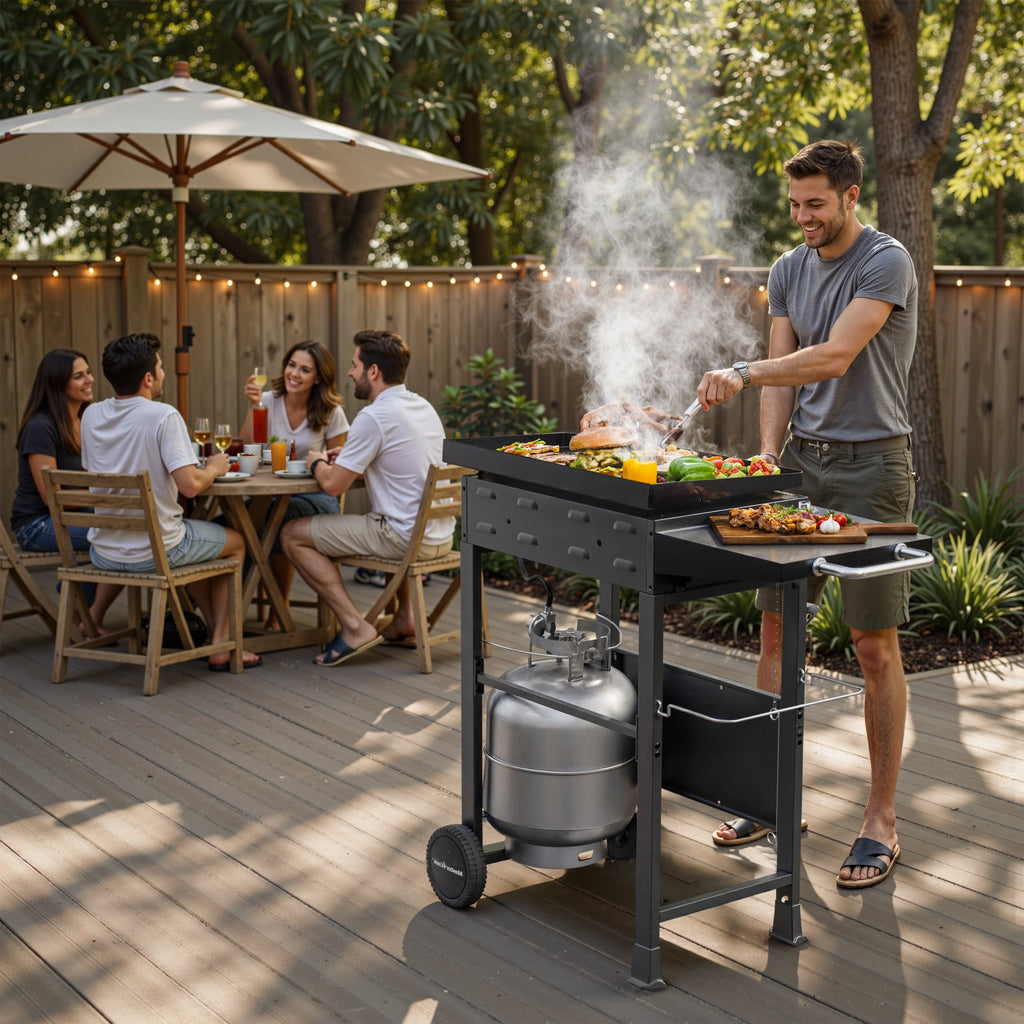 Master Cook 2-Burners Propane Griddle, Flat Top Gas Grill Griddle with Side Shelves for Outdoor BBQ, Camping
