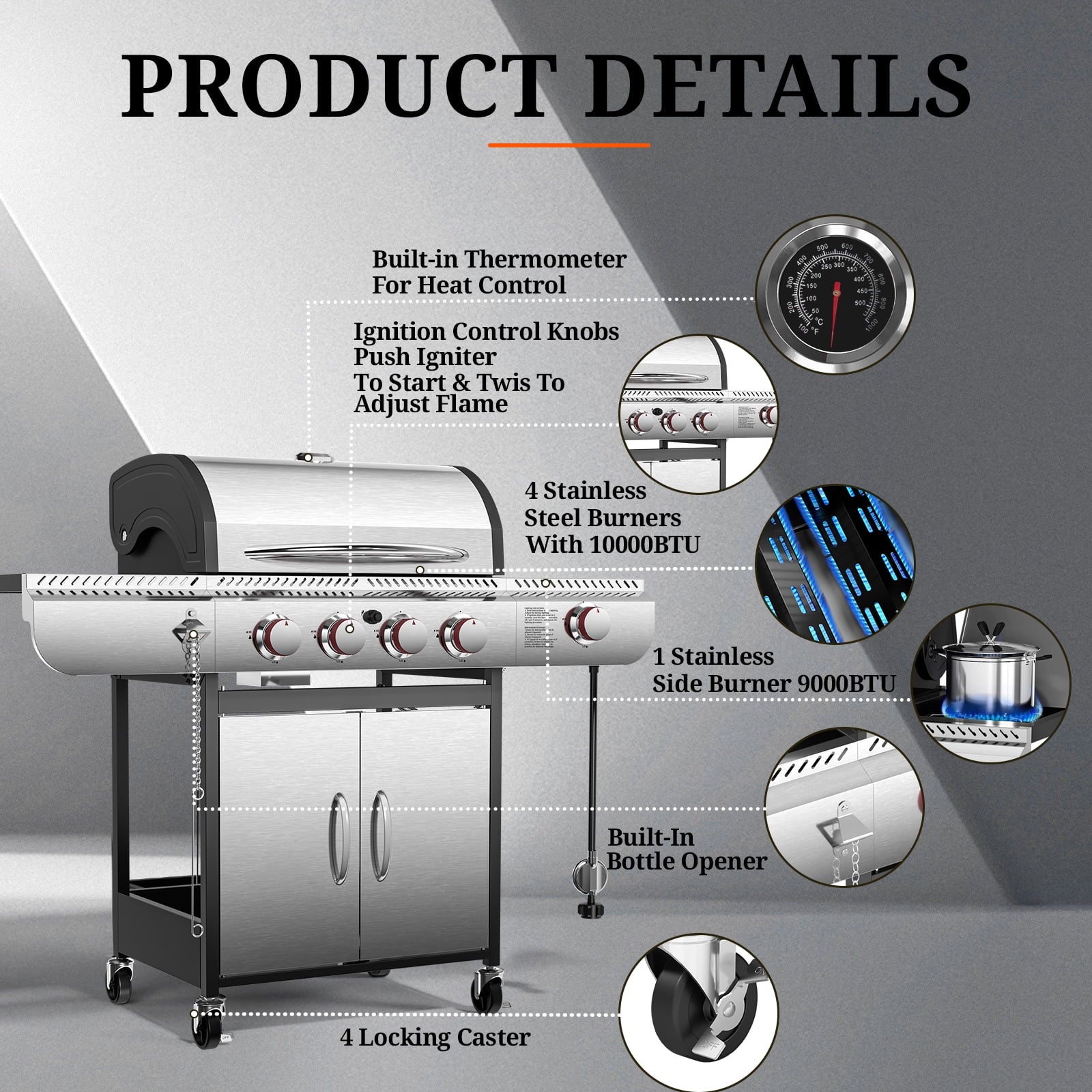 3-Burner Propane Gas Grill with Side Burner,34,000 BTU Stainless Steel BBQ Grill with Side Shelves and Wheels,Outdoor Grill for for Patio,Backyard,Garden,Camping Cooking