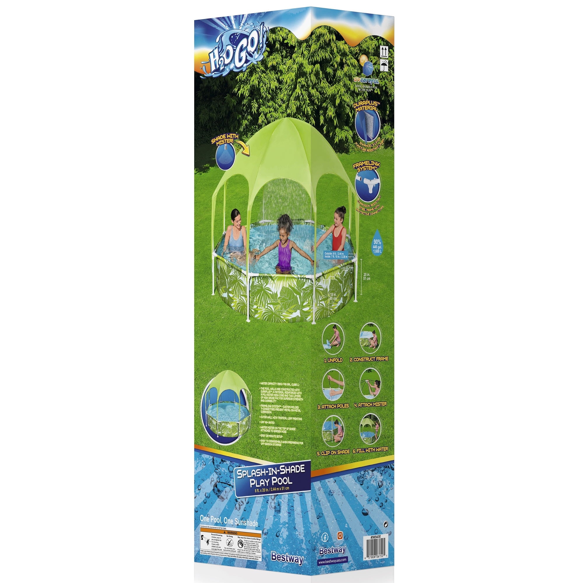 H2OGO!Splash-In-Shade Play Pool - 8' x 20 - 446 , UV Safe Shade Cover With Water Mister, Kids Pool