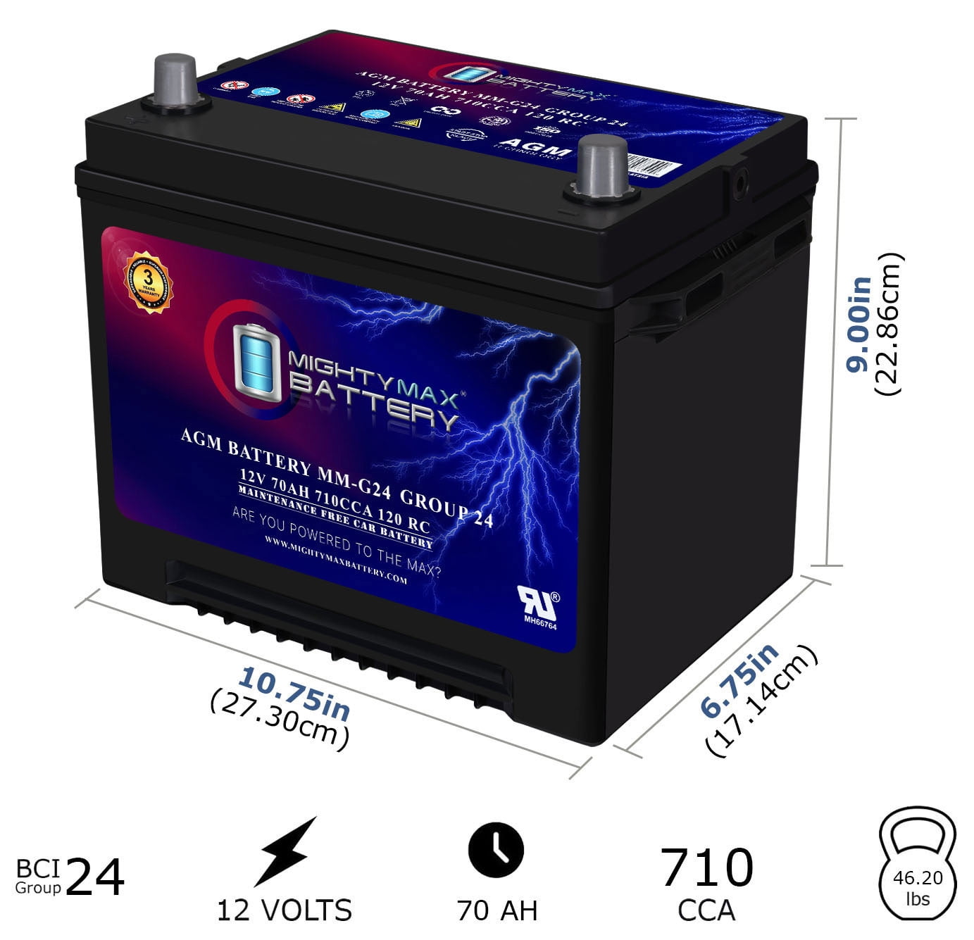 MM-H5 Start and Stop Car BCI Group Size 47 12V 60 AH, 100RC, 680 CCA Rechargeable AGM Car Battery