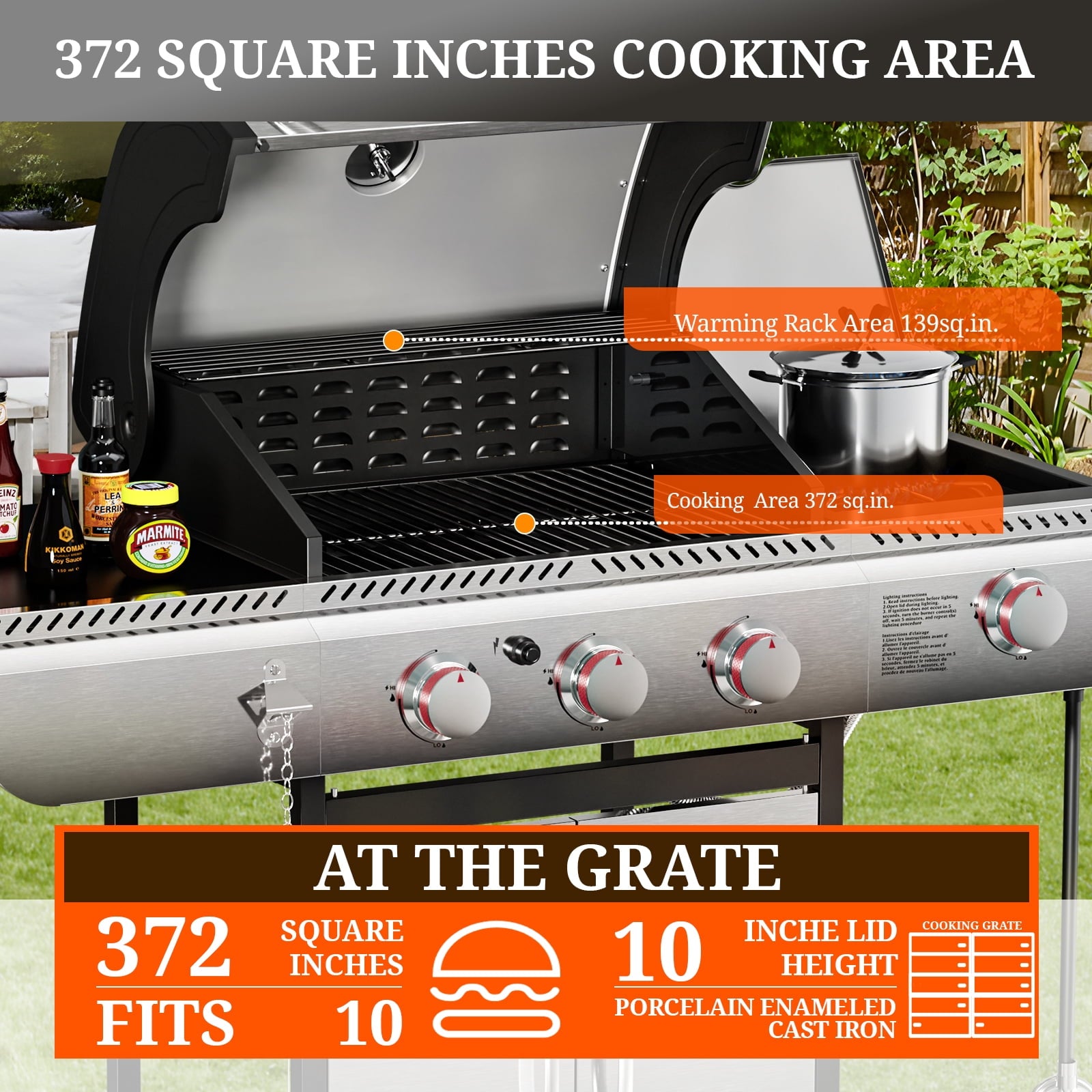 3-Burner Propane Gas Grill with Side Burner,34,000 BTU Stainless Steel BBQ Grill with Side Shelves and Wheels,Outdoor Grill for for Patio,Backyard,Garden,Camping Cooking