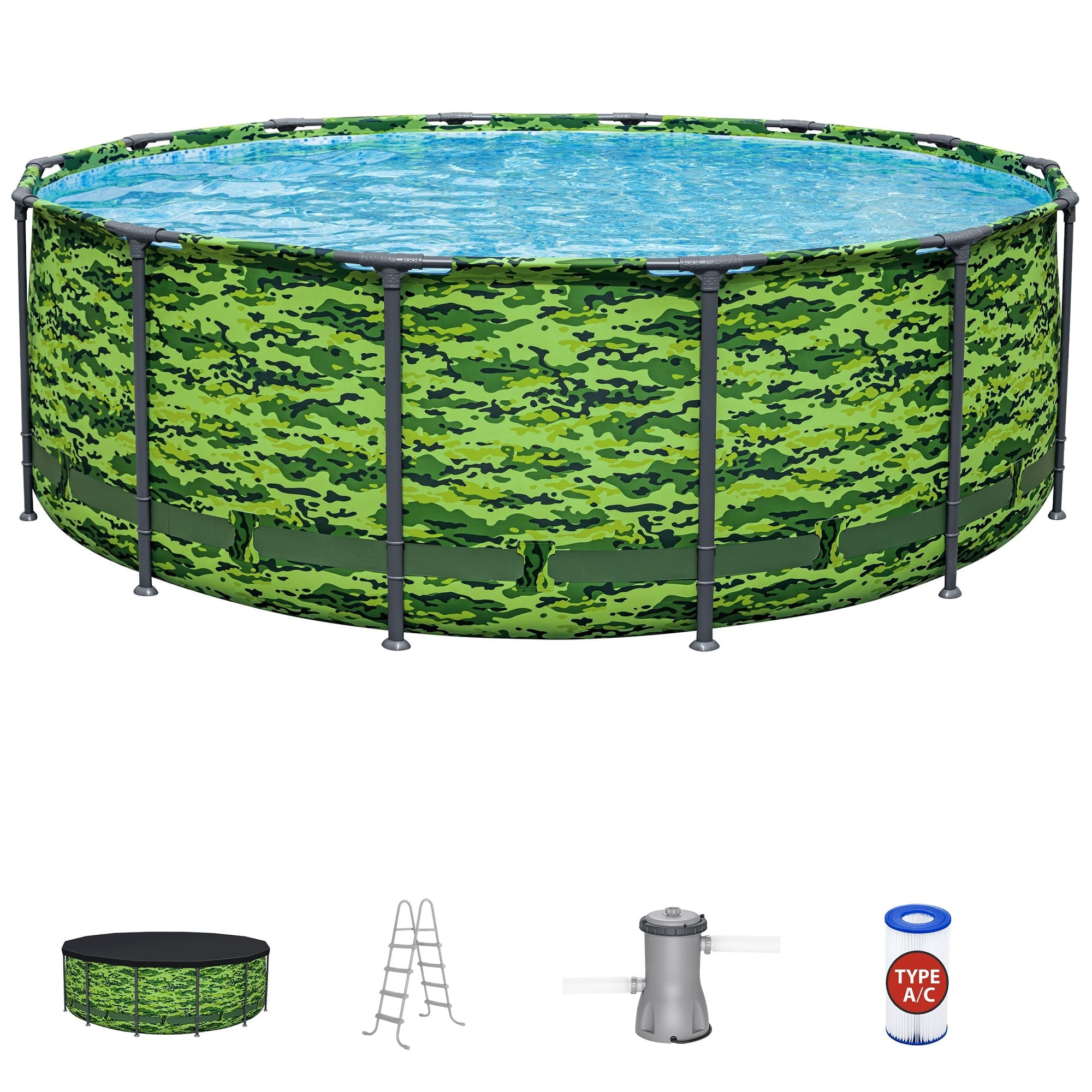 Bestway Steel Pro Max 14'x48 Camo Pool Set | Durable Construction, Easy Assembly, and All-Inclusive Accessories - above ground pool set with filter pump, ladder, and pool cover - No Tools Required!