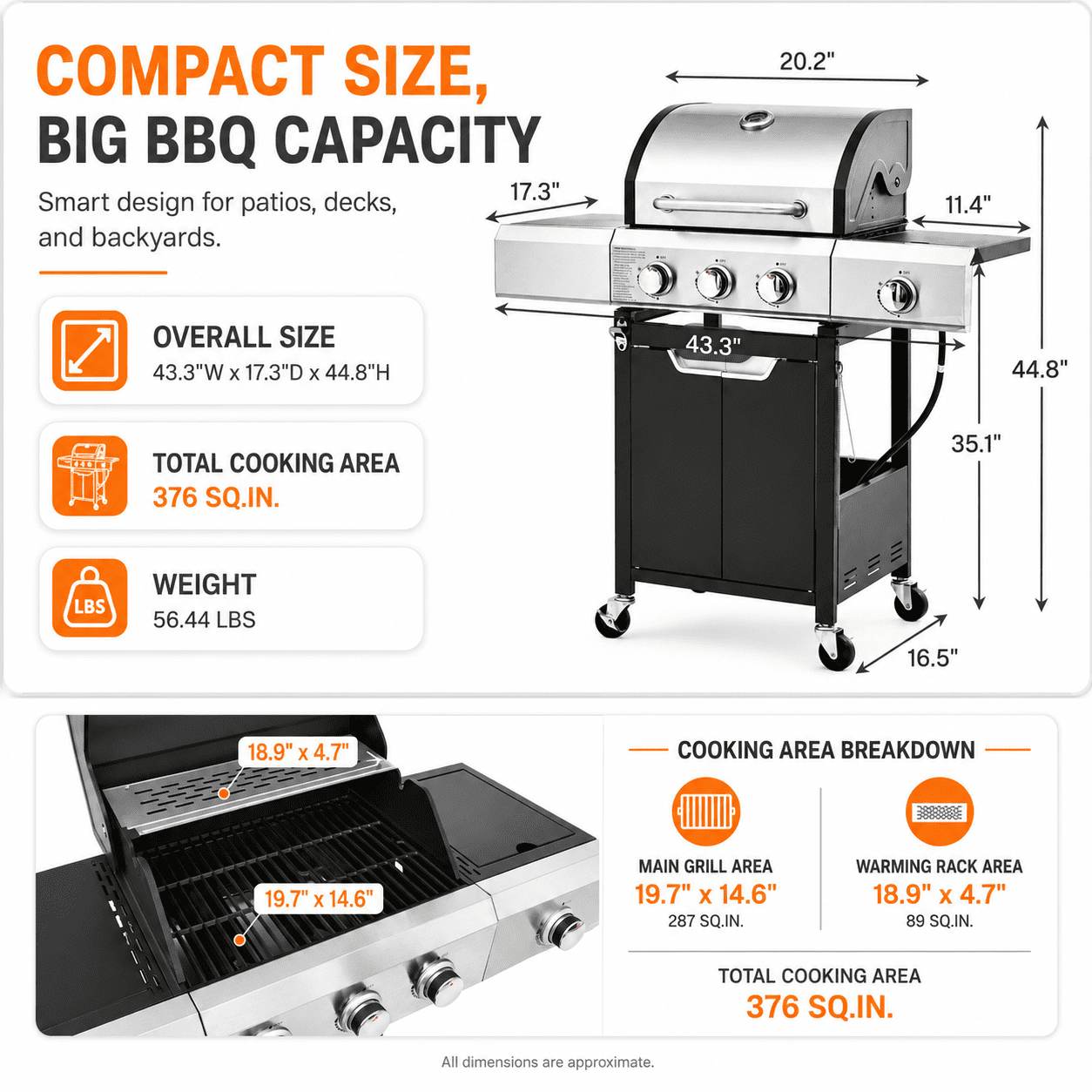 3-Burner Gas Grill with Side Burner, 40,500 BTU Propane BBQ Grill with Porcelain-Enameled Cast Iron Grates, Built-in Thermometer, Ideal for Patio Camping Outdoor Cooking