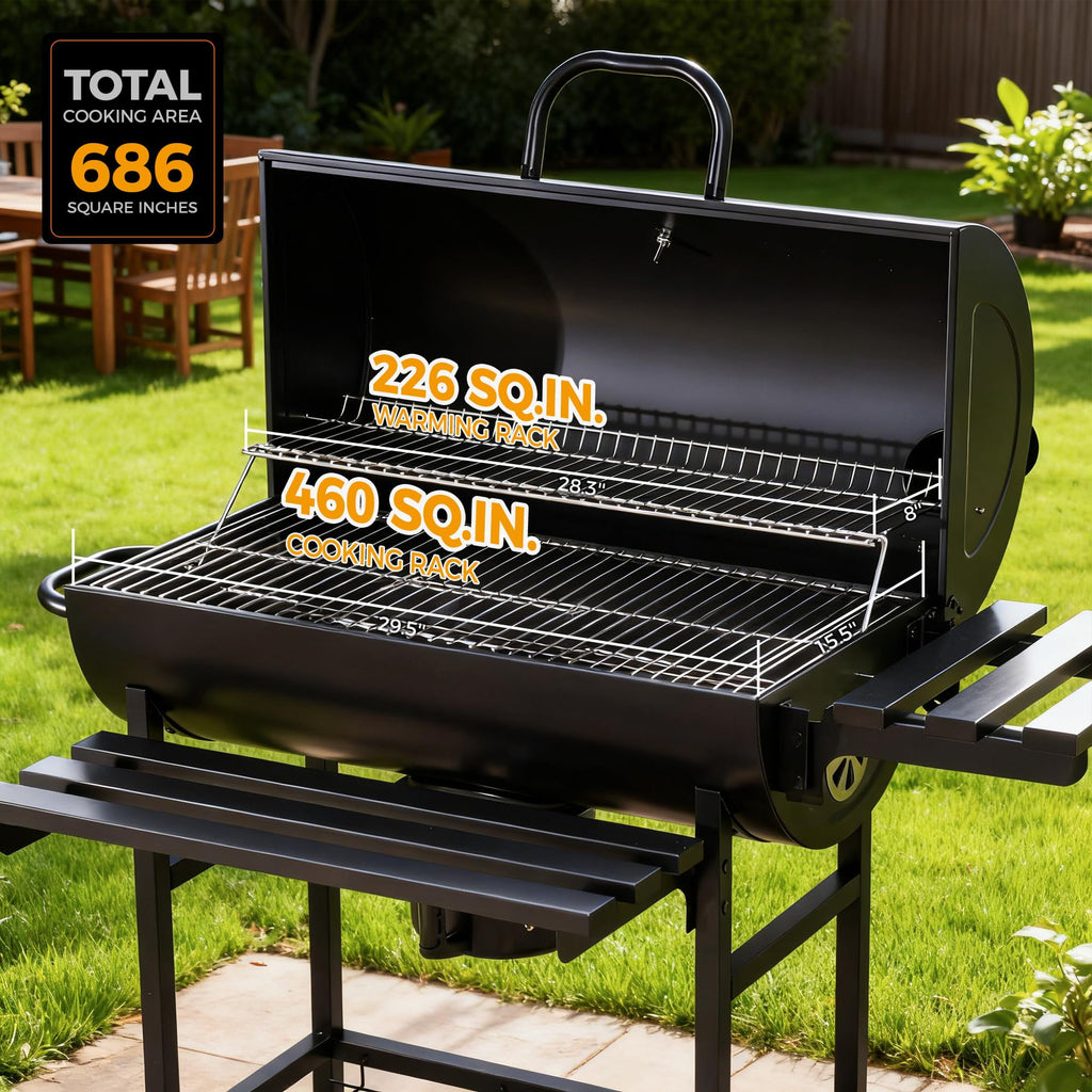 MASTER COOK Barrel Charcoal Grill with Foldable Shelf, Outdoor BBQ Smoker Grill with Thermometer and Adjustable Air Vents