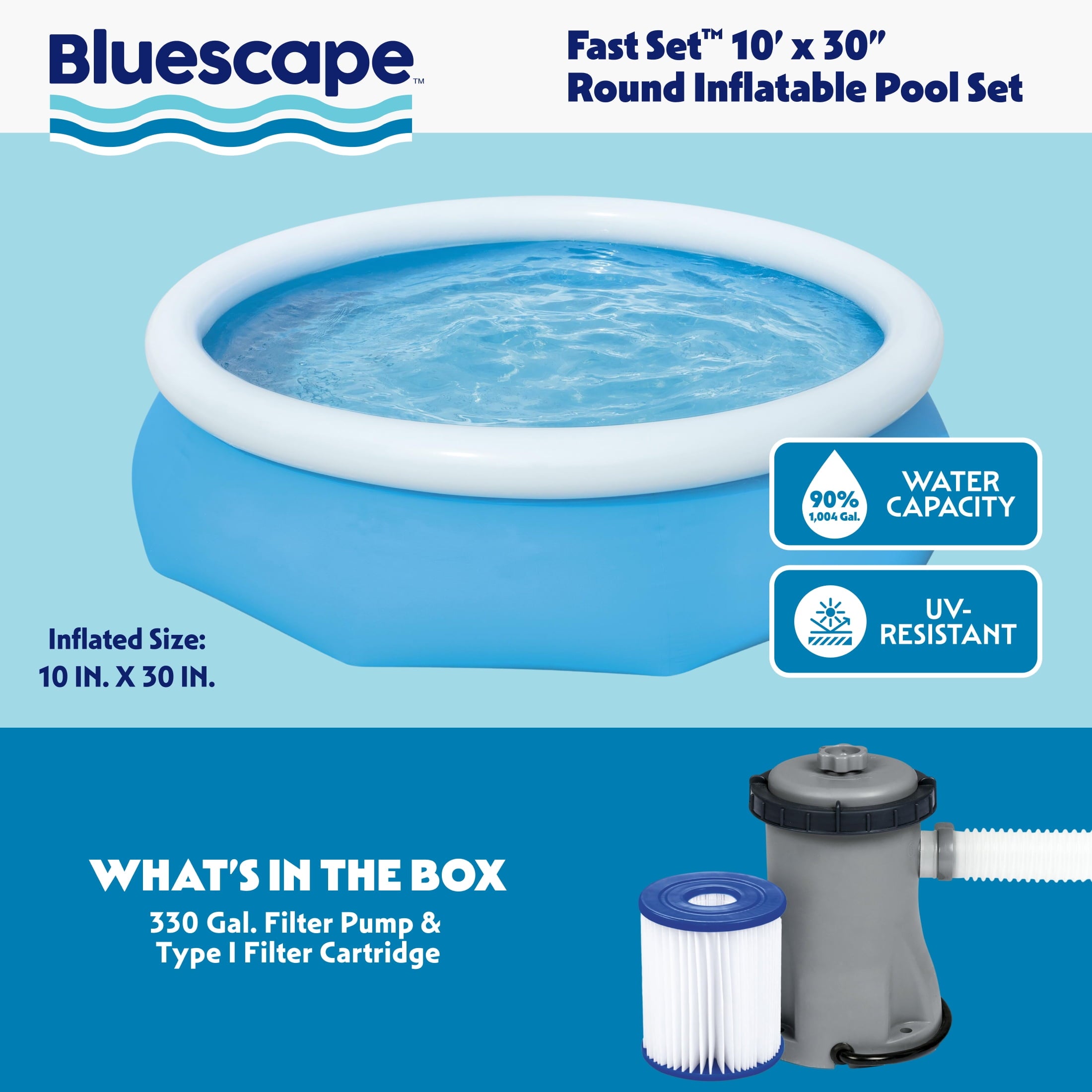 Bluescape Fast Set 10’ x 30” Round Inflatable Soft Sided Above Ground Pool Set