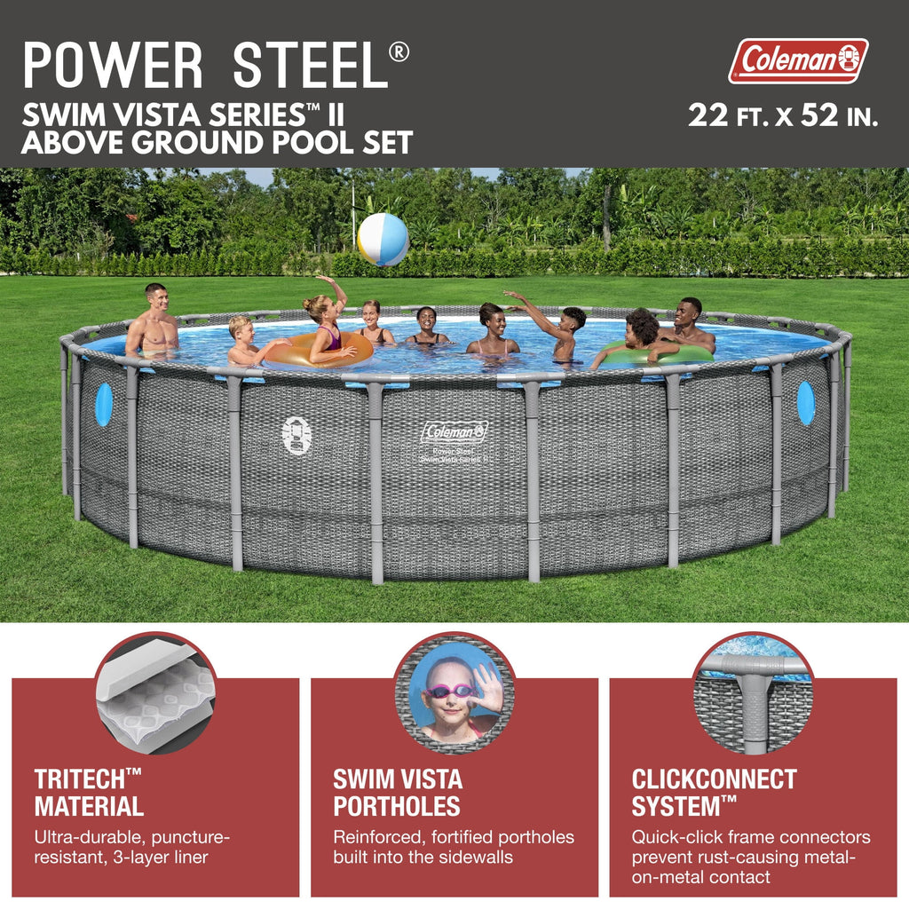 Coleman Power Steel 22’x52” Metal Frame Above Ground Pool w/ Pump, Ladder, & Cover, Gray
