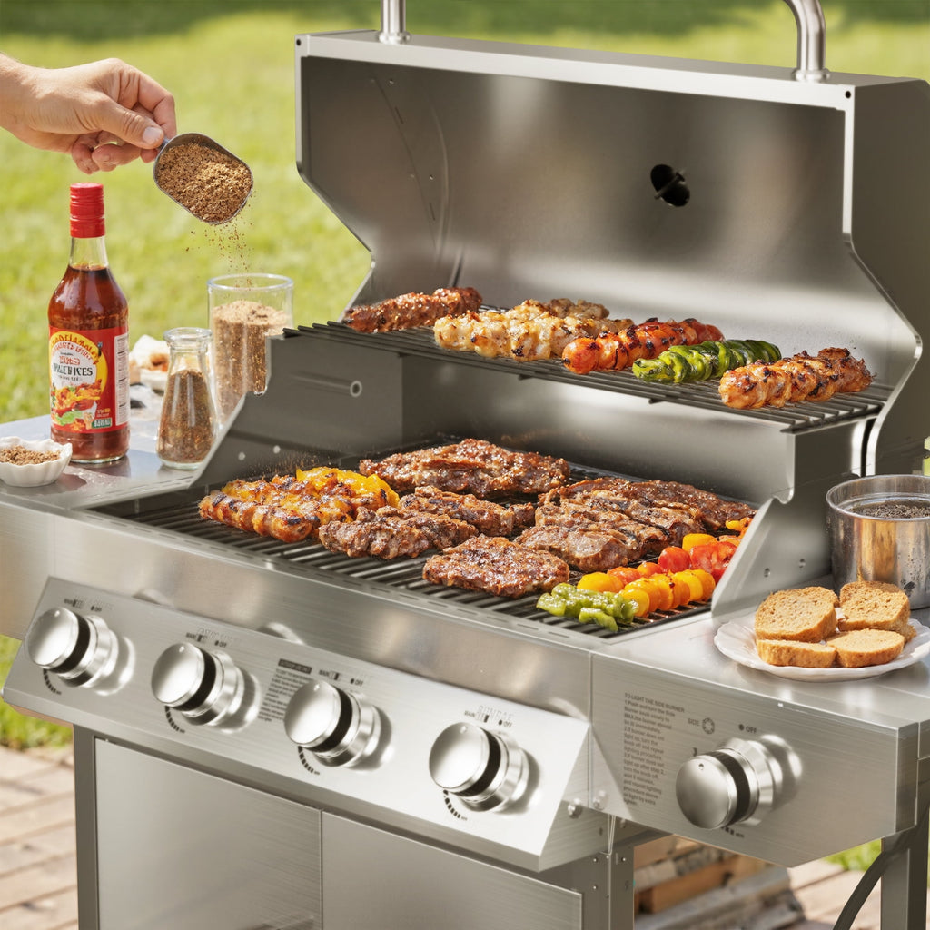 SKOK 4 Burner Gas Grill with Side Burner, 58000 BTU &393 sq.in Cooking Surface, Outdoor Propane Barbecue Grill for Patio & Backyard