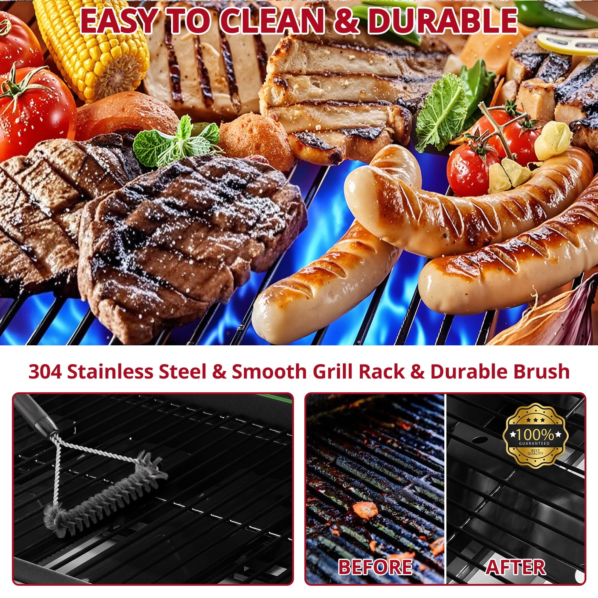 Outdoor BBQ Grill, Powerful 30,000BTU Gas Propane Grill, Stainless Steel Grill with Storage Shelves, Portable Grill for RV Party Camping Patio