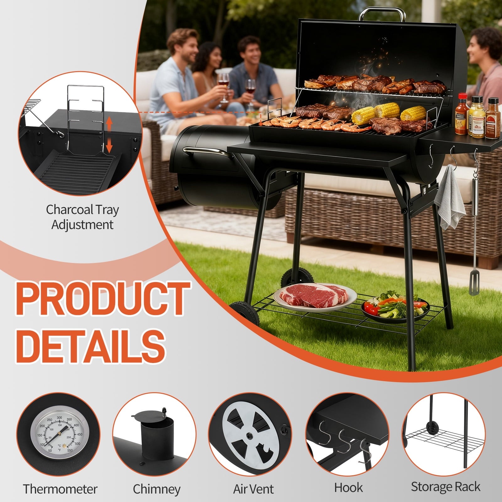 Zimtown BBQ Charcoal Grill Outdoor Barbecue Pit with Offset Smoker for Outdoor Cooking