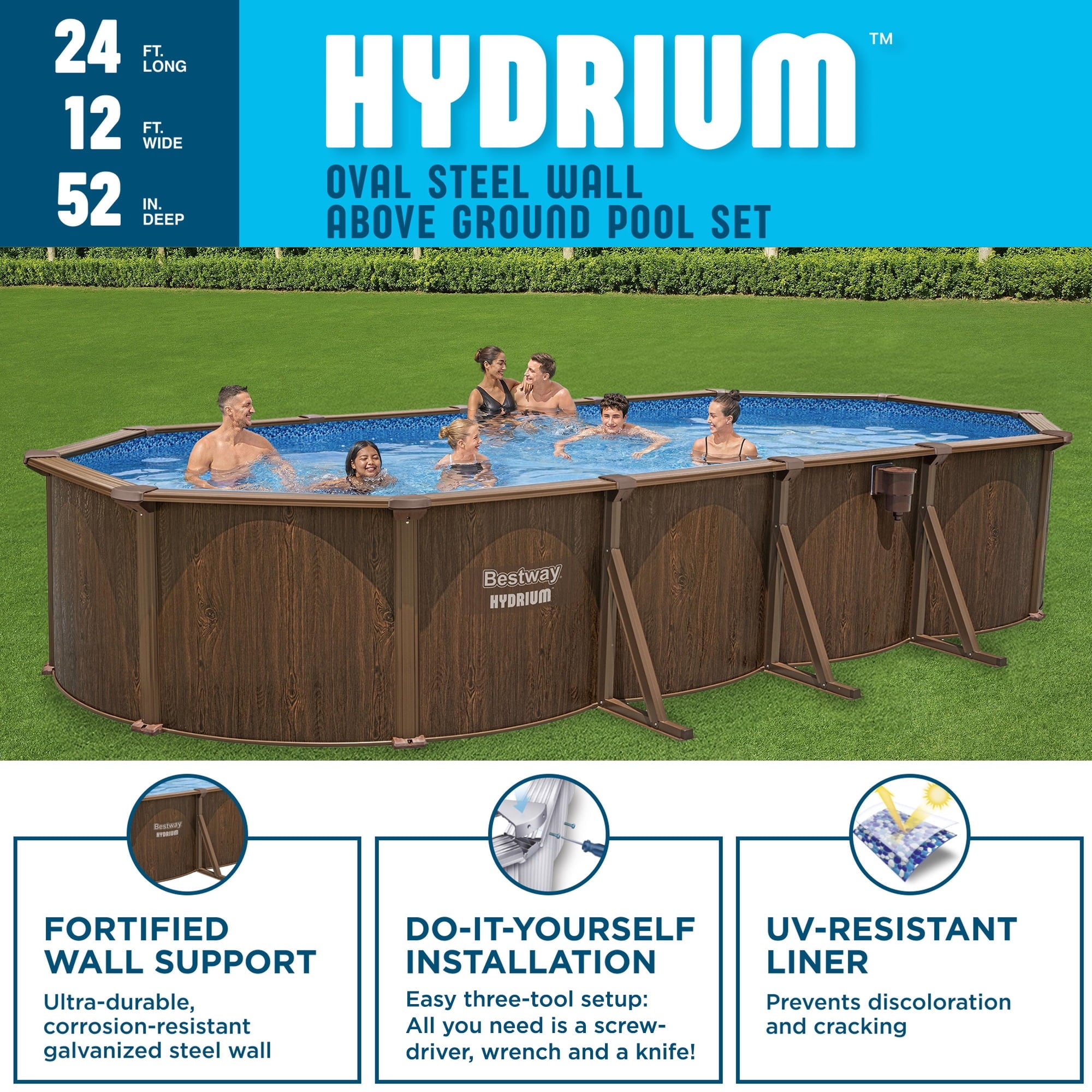 Bestway Hydrium 24' x 12' x 52 Steel Side Wall Above Ground Pool w/ Sand Pump & Accessories