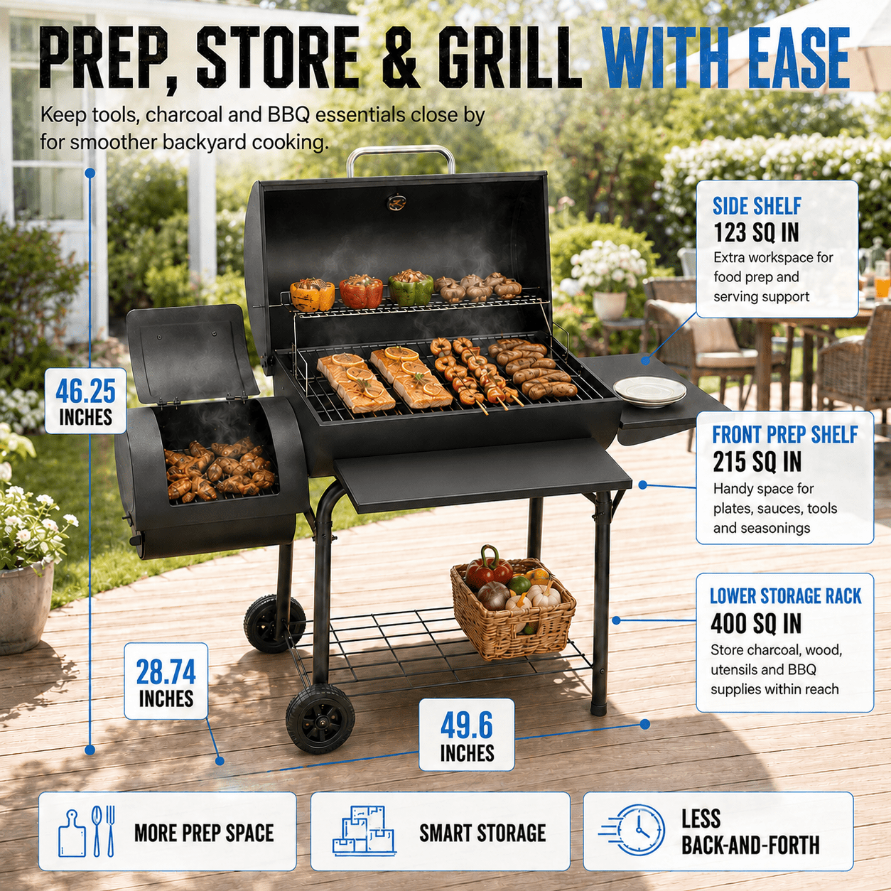 laraVist Charcoal Grill with Offset Smoker, 800 Sq. In. BBQ Grill