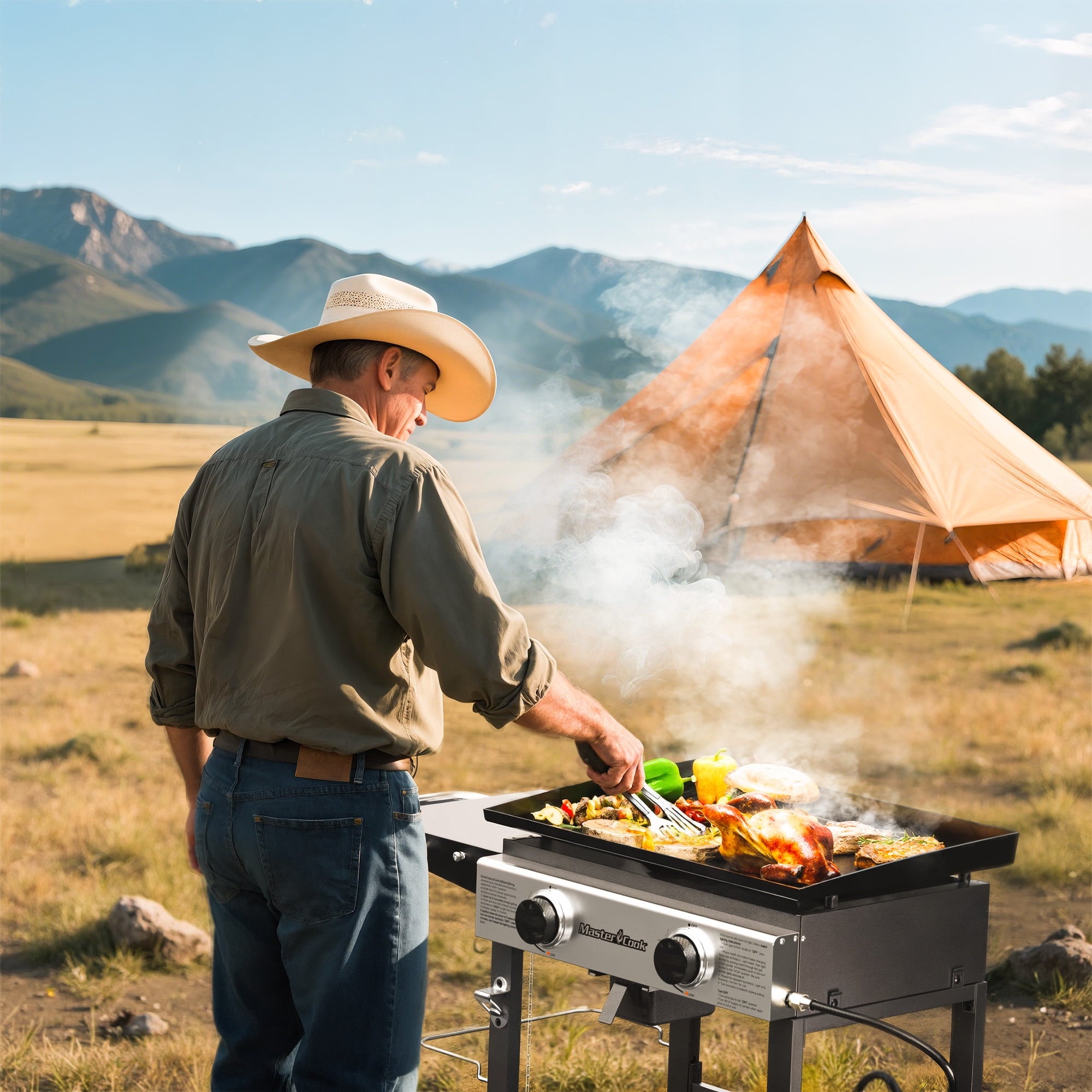 Master Cook 2-Burners Propane Griddle, Flat Top Gas Grill Griddle with Side Shelves for Outdoor BBQ, Camping