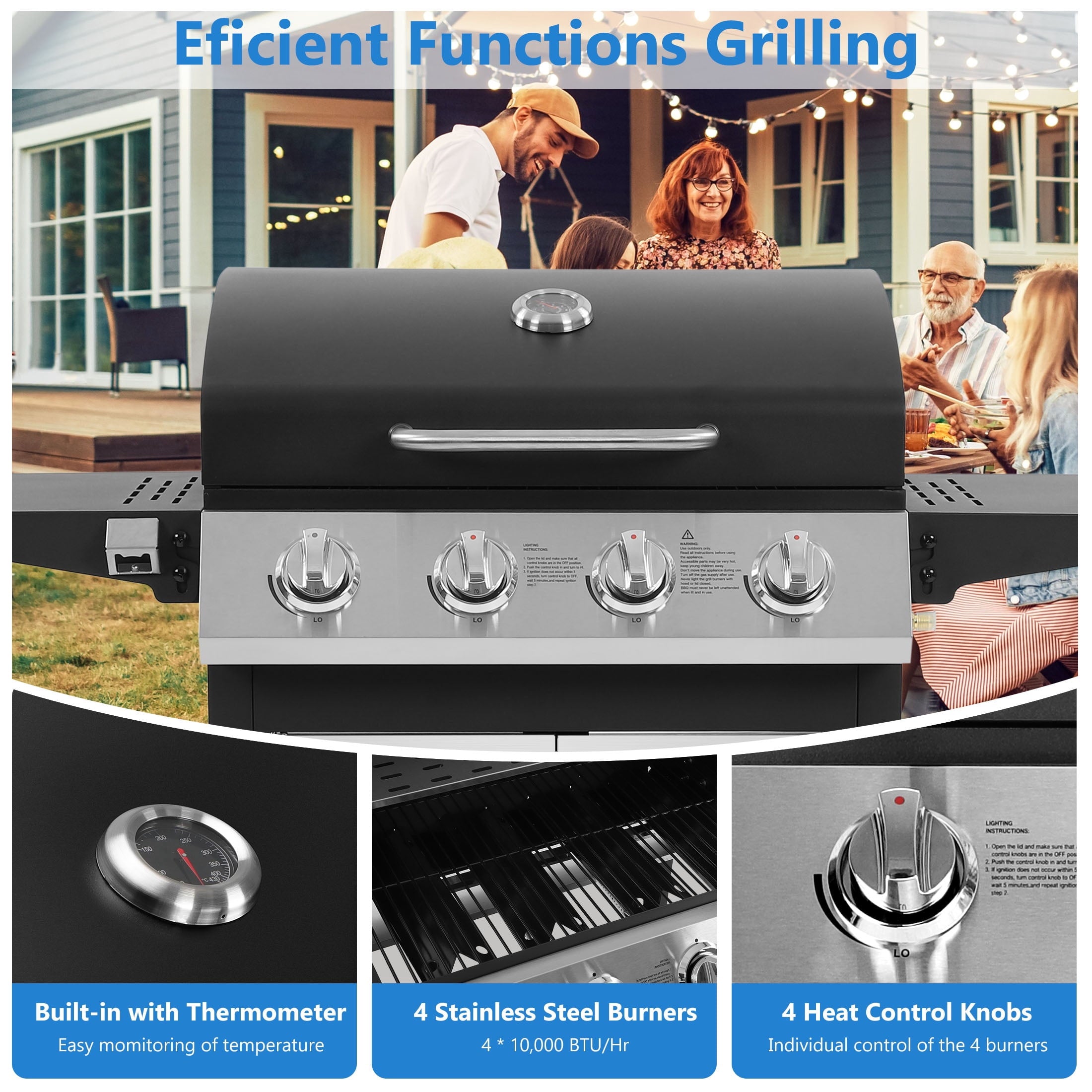 SEGMART 3 Burner BBQ Propane Gas Grill, Stainless Steel 30,000 BTU Patio Garden Barbecue Grill with Side Tables, Cleaning Brush & Thermometer, Perfect for Camping, Outdoor Cooking