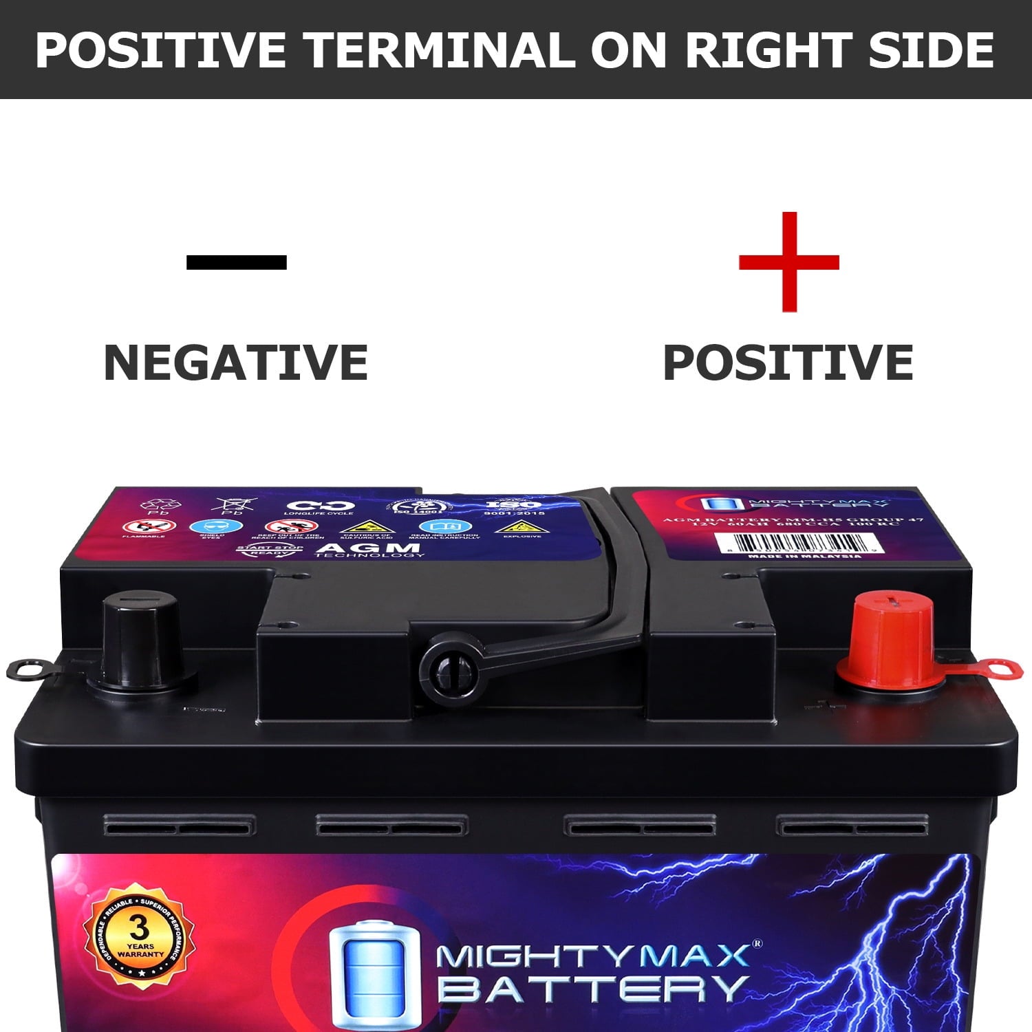 MM-H5 Start and Stop Car BCI Group Size 47 12V 60 AH, 100RC, 680 CCA Rechargeable AGM Car Battery