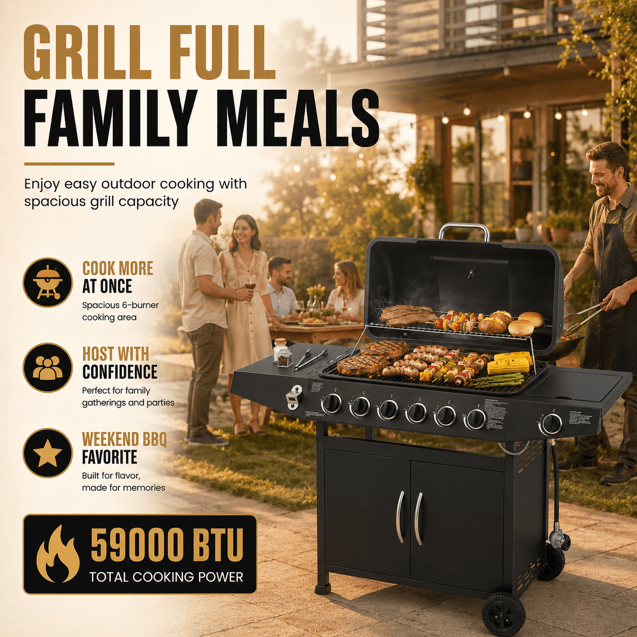 6-Burner Propane Gas Grill with Side Burner, 59000 BTU Outdoor BBQ Grill with Porcelain-Enameled Grates, Warming Rack, Side Tables, Bottle Opener, Thermometer and Wheels for Patio Backyard Cooking
