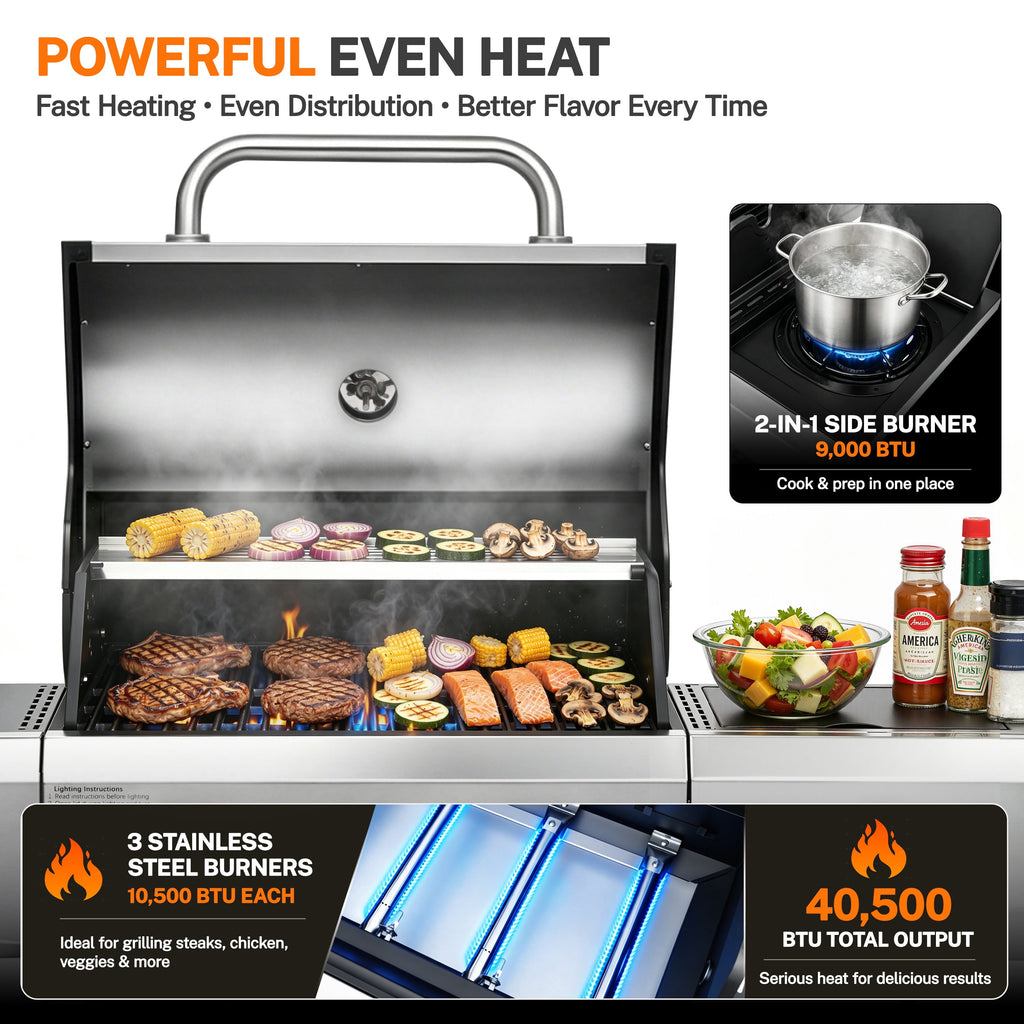 Segmart 4 Burner BBQ Propane Gas Grill with Side Burner, Stainless Steel 50,000 BTU Patio Barbecue Grill with Shelf, Gas Tank Hook, Towel Rack & Bottle Opener, Fits for Camping, Outdoor Cooking