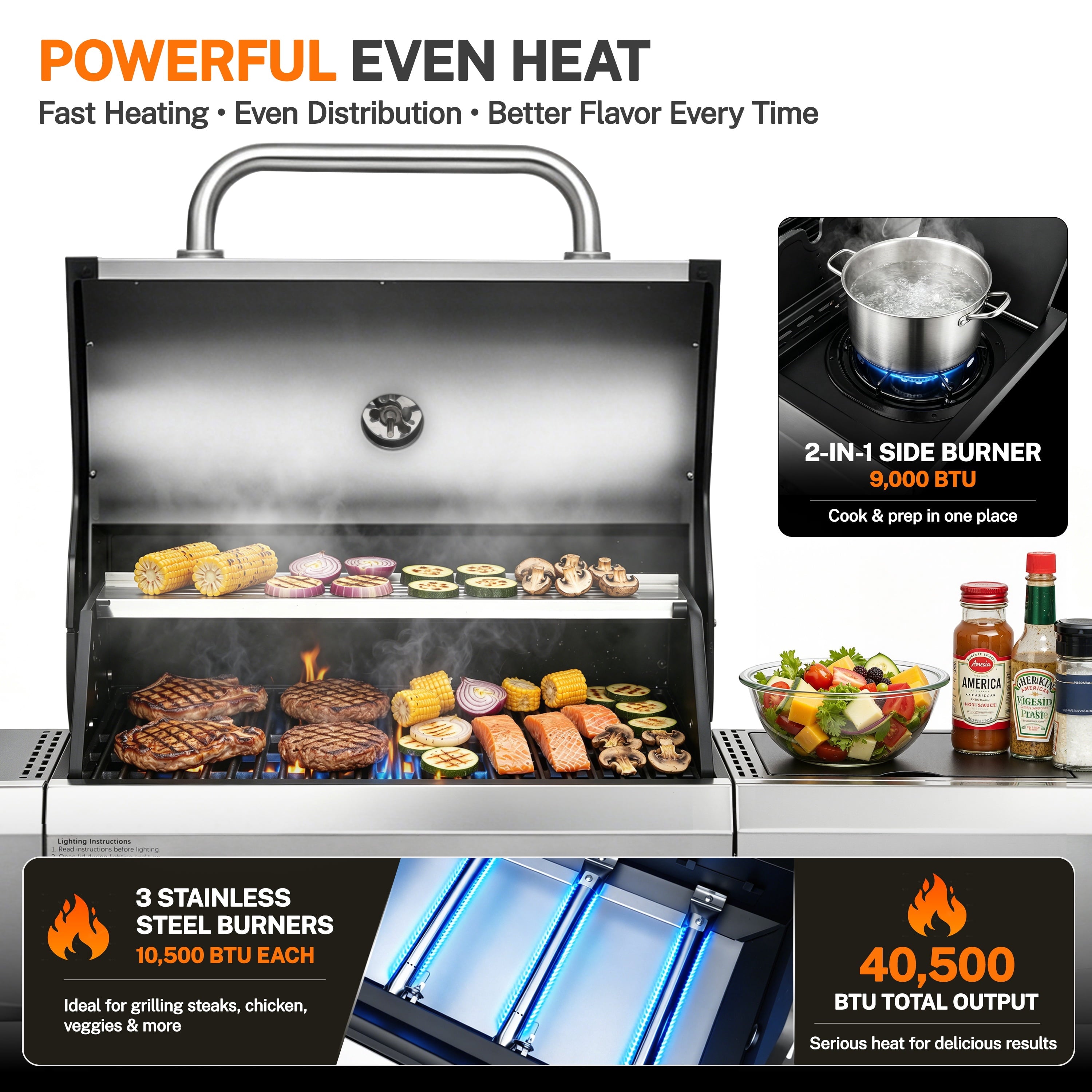 Segmart 4 Burner BBQ Propane Gas Grill with Side Burner, Stainless Steel 50,000 BTU Patio Barbecue Grill with Shelf, Gas Tank Hook, Towel Rack & Bottle Opener, Fits for Camping, Outdoor Cooking