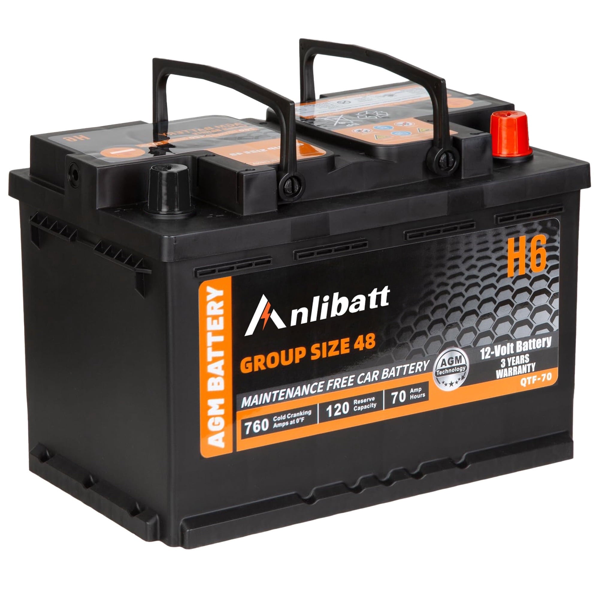 Anlibatt BCI Group 48 Battery, AGM 12 Volt Rechargeable Automotive Batteries for Car, H6 760CCA 70Ah 120RC, Maintenance Free